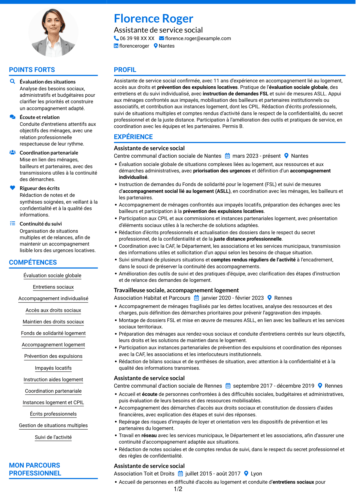 CV Audacieux (format à deux colonnes avec accents colorés et photo) : Assistant de service social - Accompagnement social lié au logement, page 1