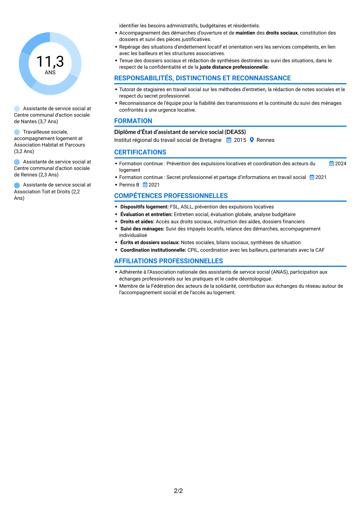 CV Audacieux (format à deux colonnes avec accents colorés et photo) : Assistant de service social - Accompagnement social lié au logement, page 2