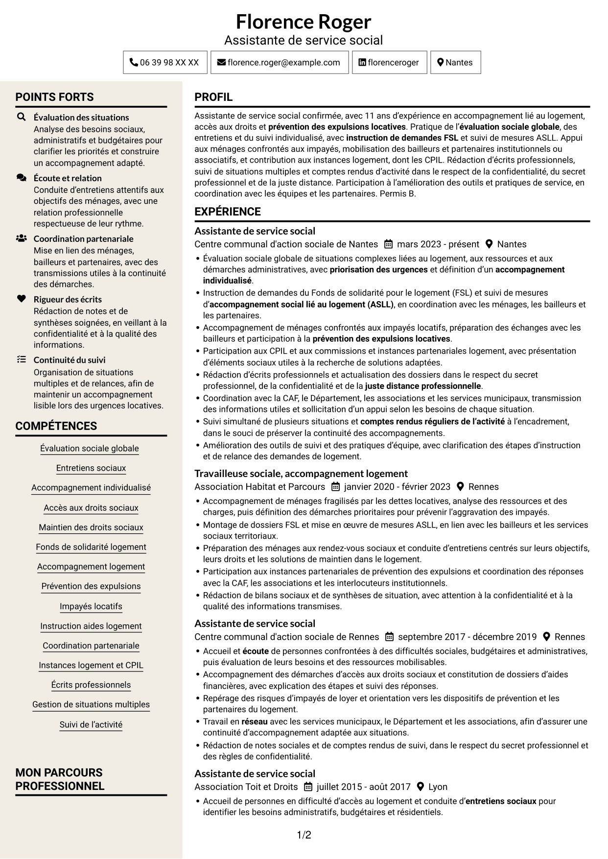 CV Fonceur (format à deux colonnes avec en-tête centré sans photo) : Assistant de service social - Accompagnement social lié au logement, page 1