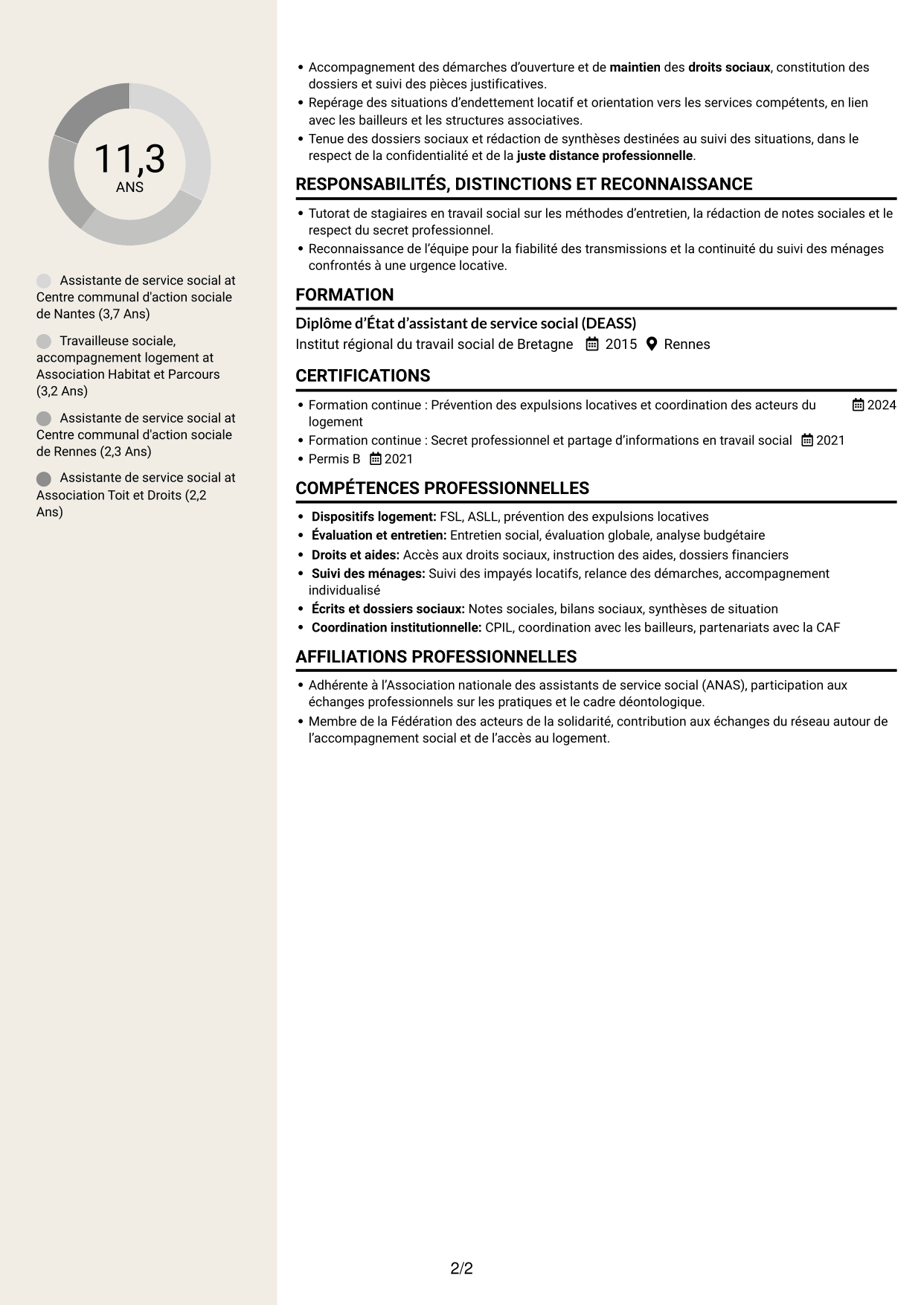 CV Fonceur (format à deux colonnes avec en-tête centré sans photo) : Assistant de service social - Accompagnement social lié au logement, page 2