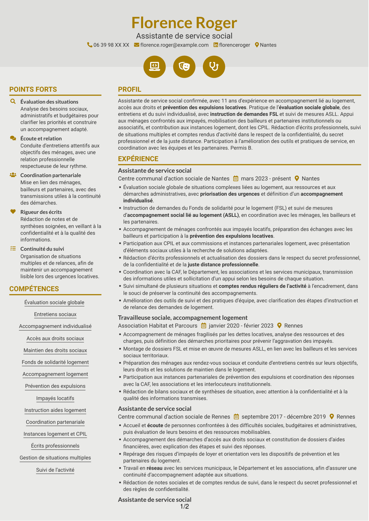 CV Dynamique (format à deux colonnes avec icônes) : Assistant de service social - Accompagnement social lié au logement, page 1