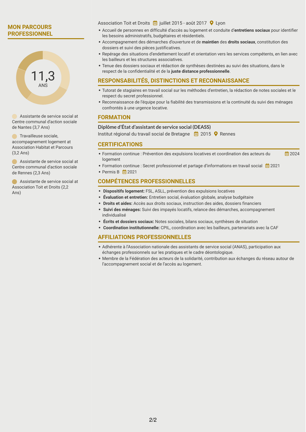CV Dynamique (format à deux colonnes avec icônes) : Assistant de service social - Accompagnement social lié au logement, page 2