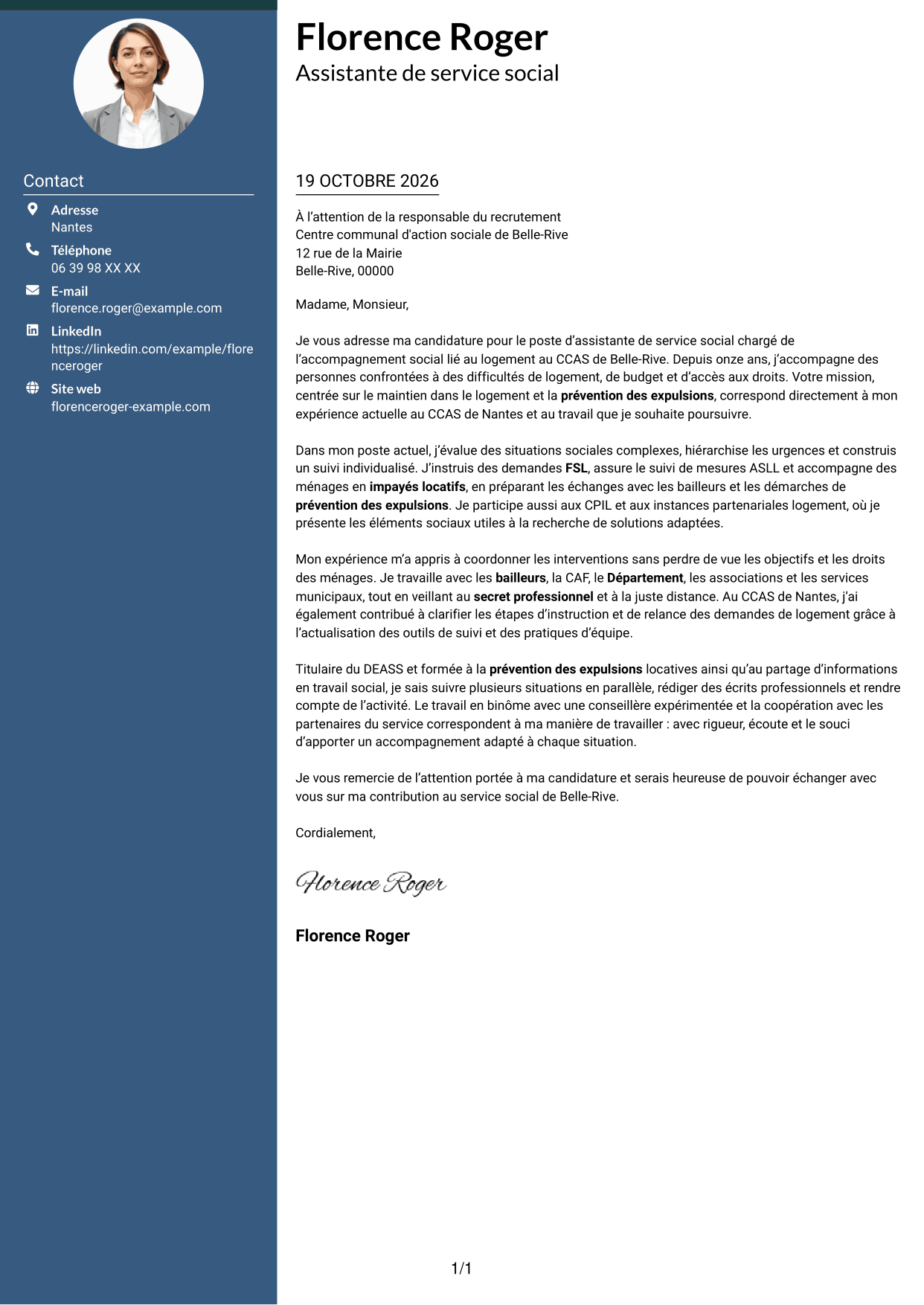 Lettre de motivation Élégant (format à colonne latérale colorée avec photo) : Assistant de service social - Accompagnement social lié au logement, page 1
