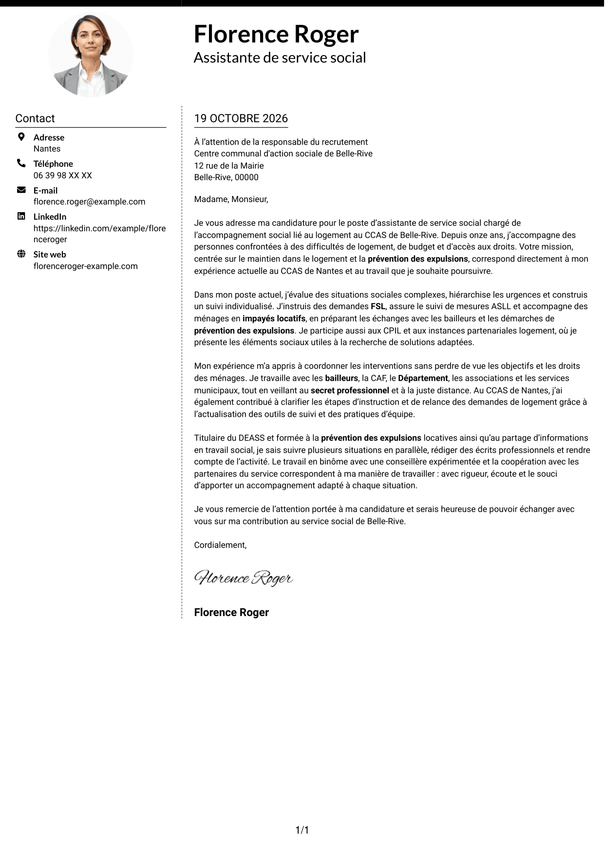 Lettre de motivation Moderne (format à deux colonnes avec photo à gauche et séparateur) : Assistant de service social - Accompagnement social lié au logement, page 1
