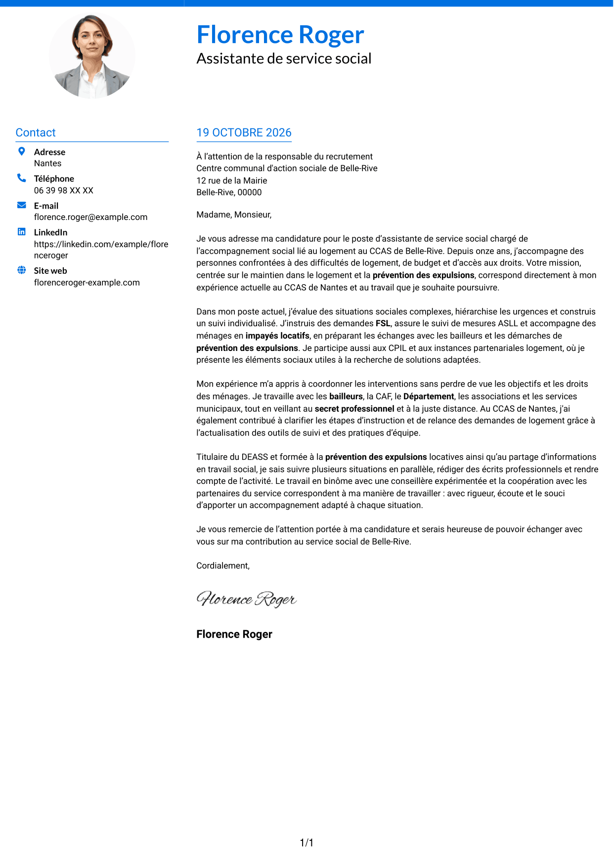 Lettre de motivation Audacieux (format à deux colonnes avec accents colorés et photo) : Assistant de service social - Accompagnement social lié au logement, page 1