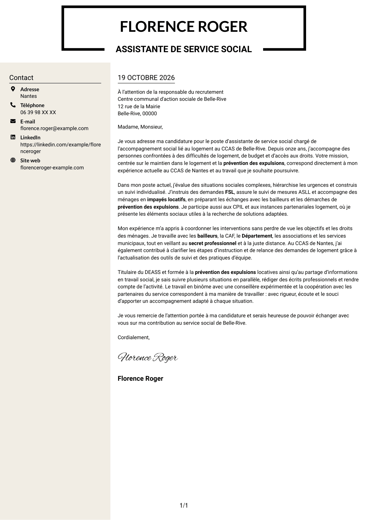 Lettre de motivation Fonceur (format à deux colonnes avec en-tête centré sans photo) : Assistant de service social - Accompagnement social lié au logement, page 1