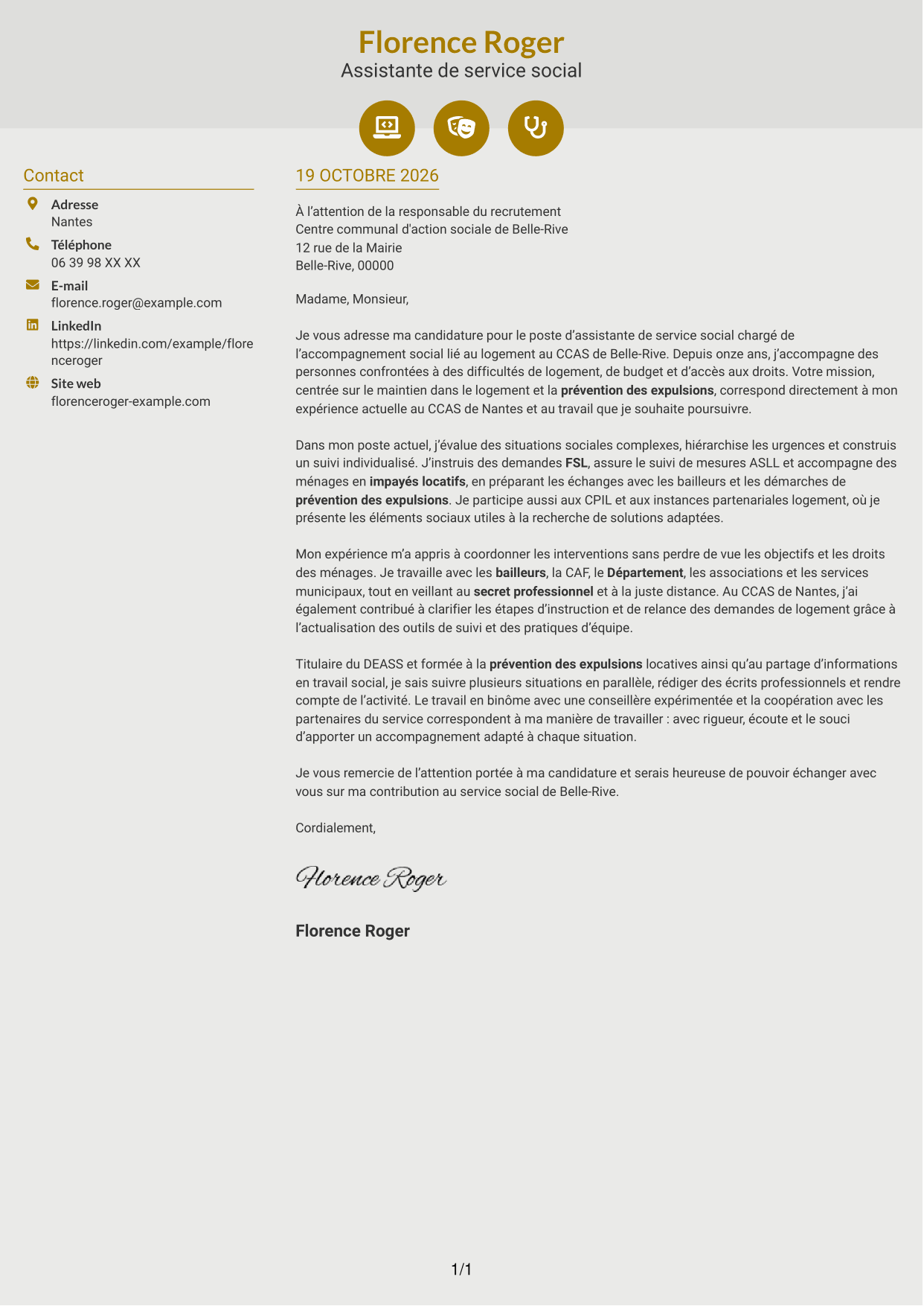 Lettre de motivation Dynamique (format à deux colonnes avec icônes) : Assistant de service social - Accompagnement social lié au logement, page 1