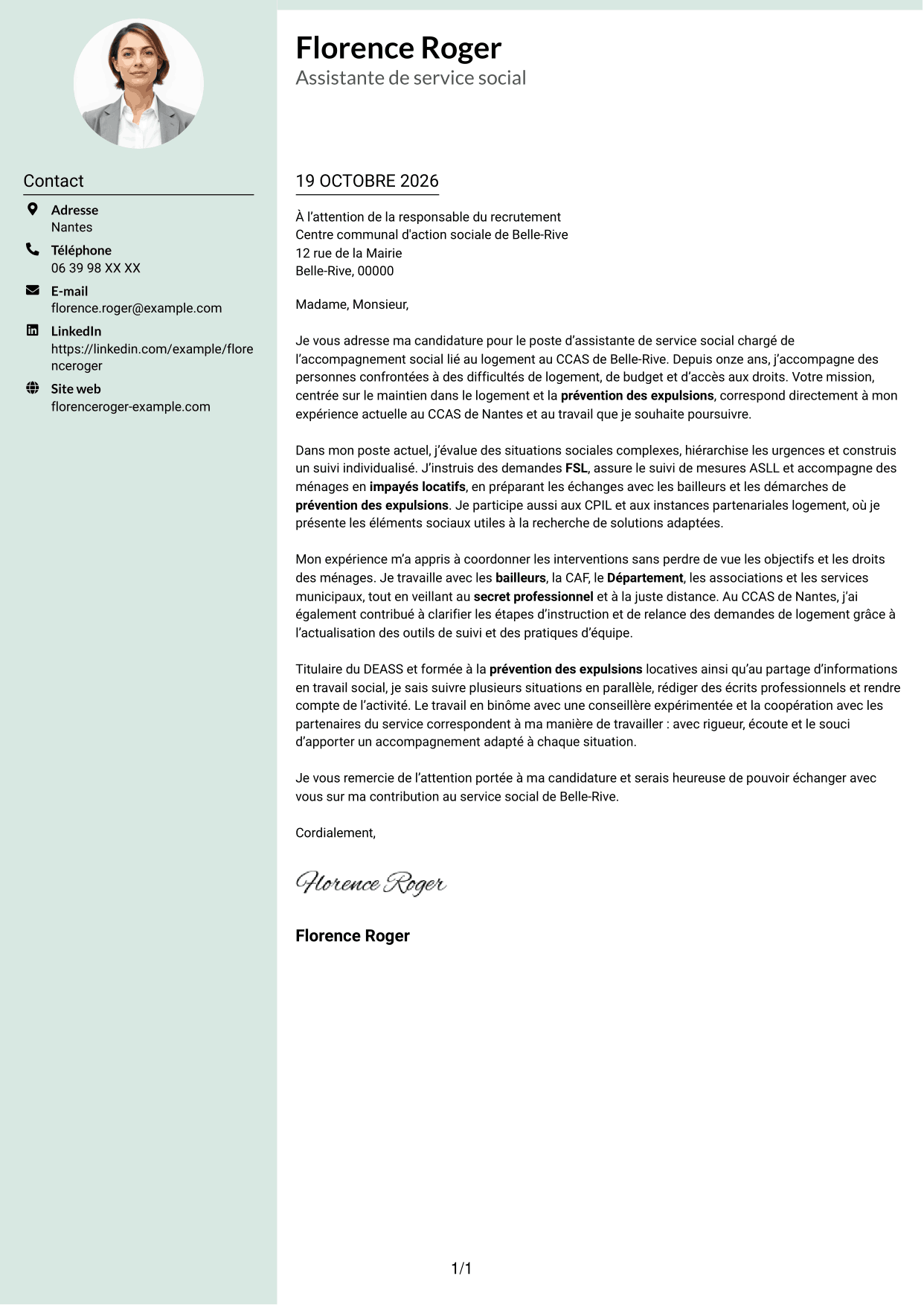 Lettre de motivation Cadre (format à colonne latérale douce avec photo arrondie) : Assistant de service social - Accompagnement social lié au logement, page 1
