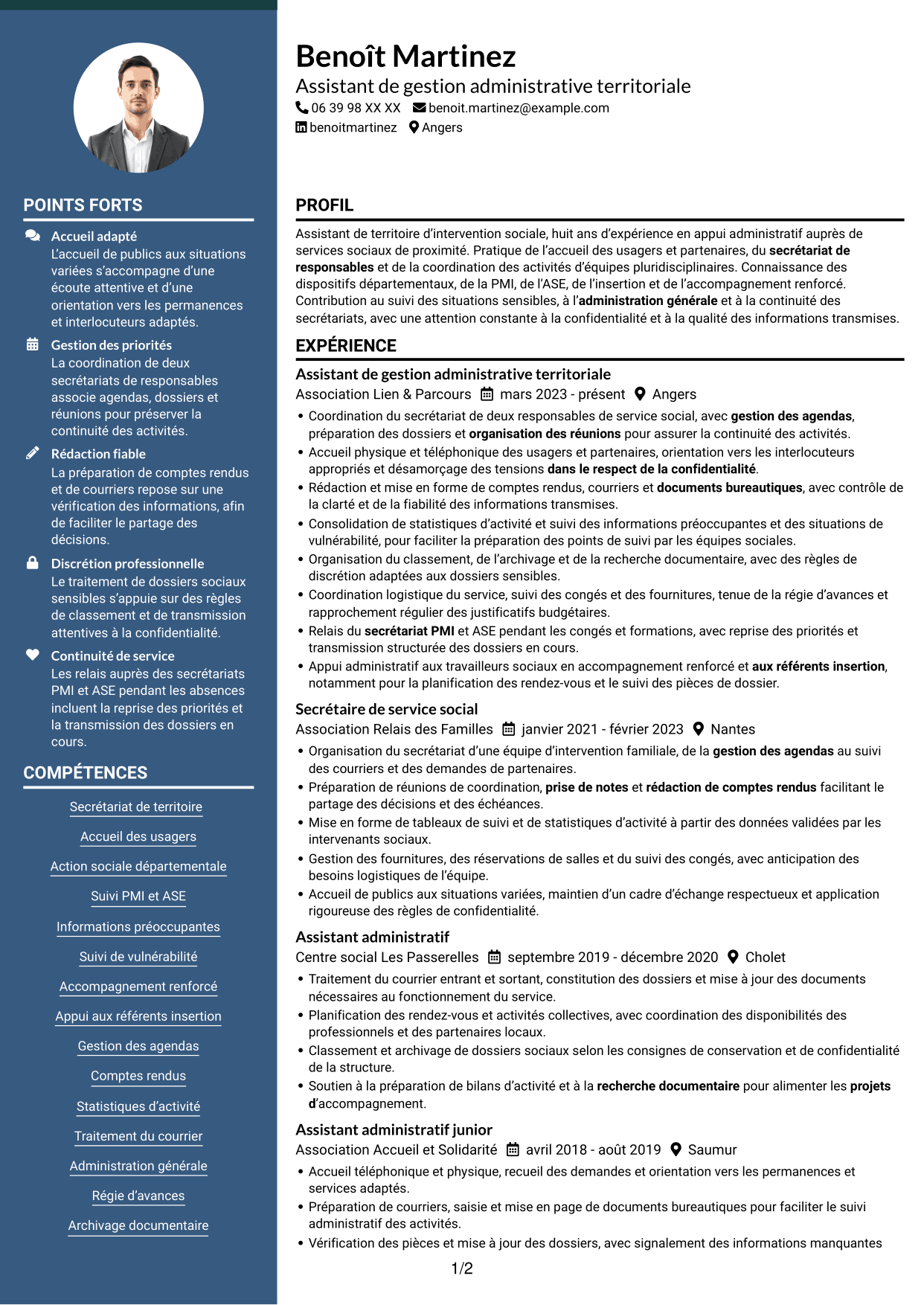 CV Élégant (format à colonne latérale colorée avec photo) : Assistant de territoire d’intervention sociale, page 1