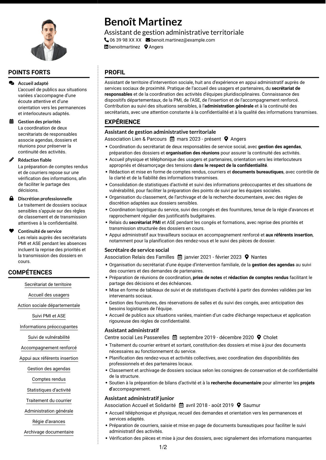 CV Moderne (format à deux colonnes avec photo à gauche et séparateur) : Assistant de territoire d’intervention sociale, page 1