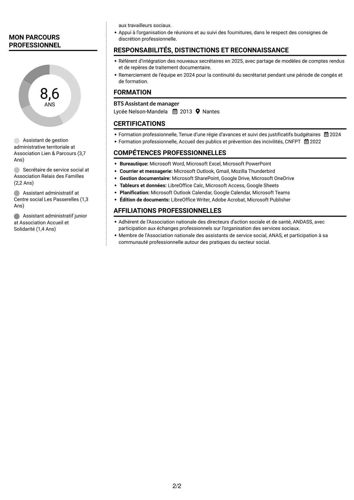 CV Moderne (format à deux colonnes avec photo à gauche et séparateur) : Assistant de territoire d’intervention sociale, page 2