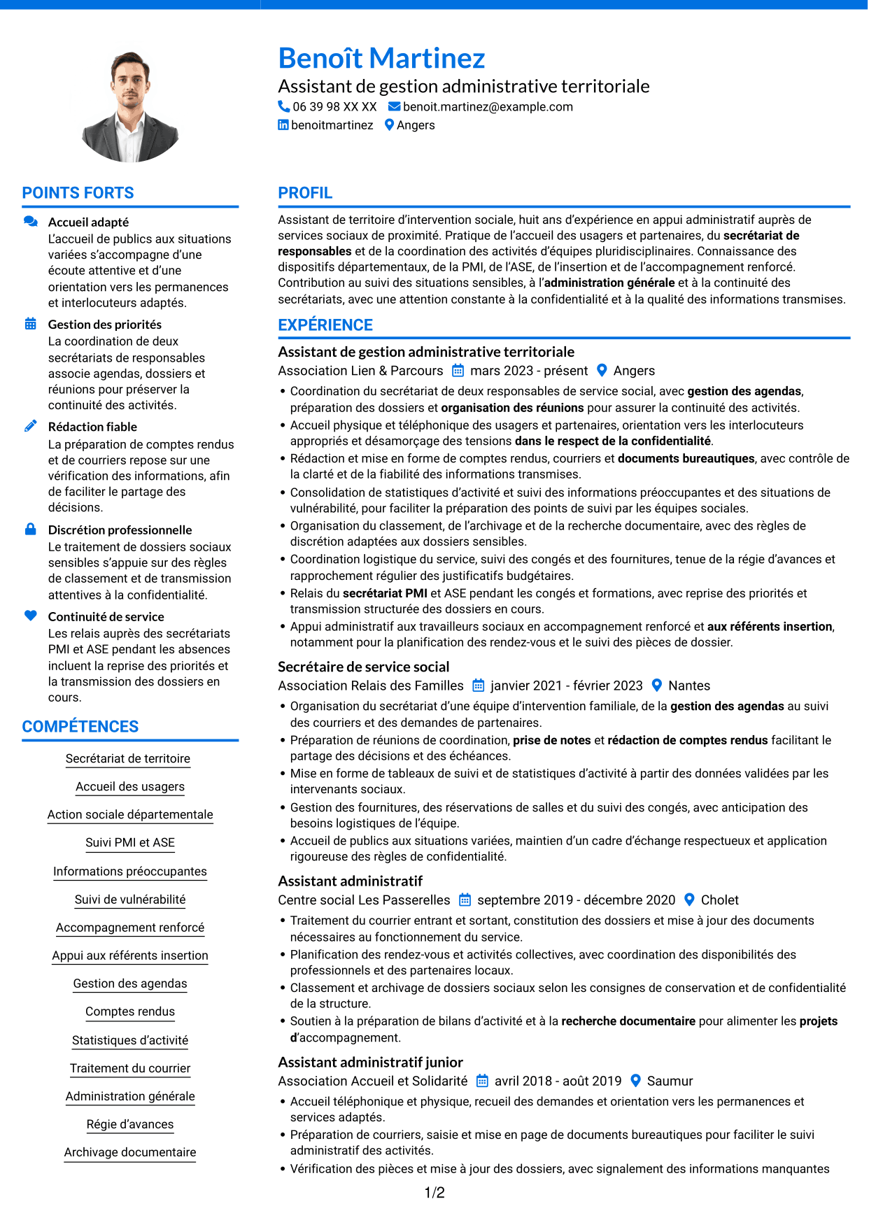 CV Audacieux (format à deux colonnes avec accents colorés et photo) : Assistant de territoire d’intervention sociale, page 1
