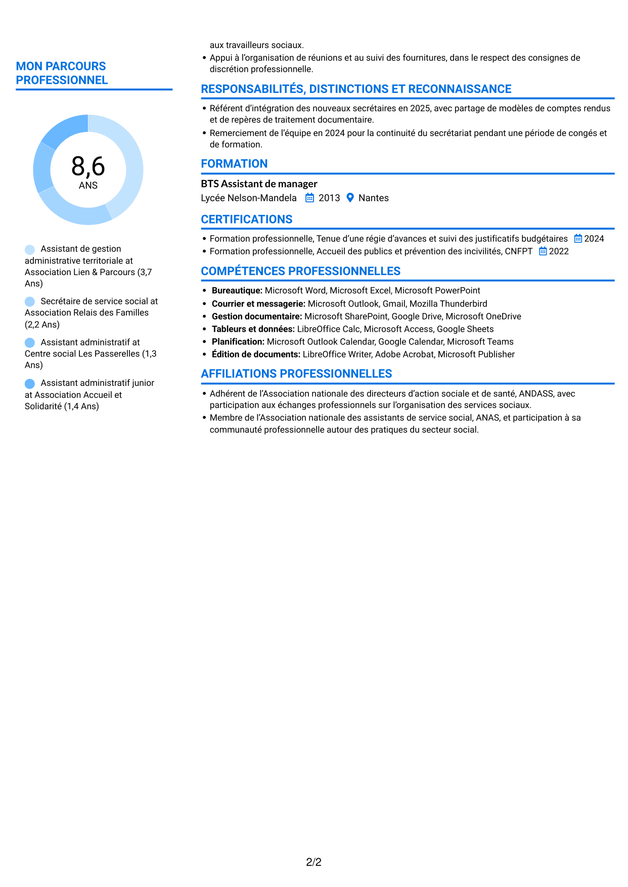 CV Audacieux (format à deux colonnes avec accents colorés et photo) : Assistant de territoire d’intervention sociale, page 2