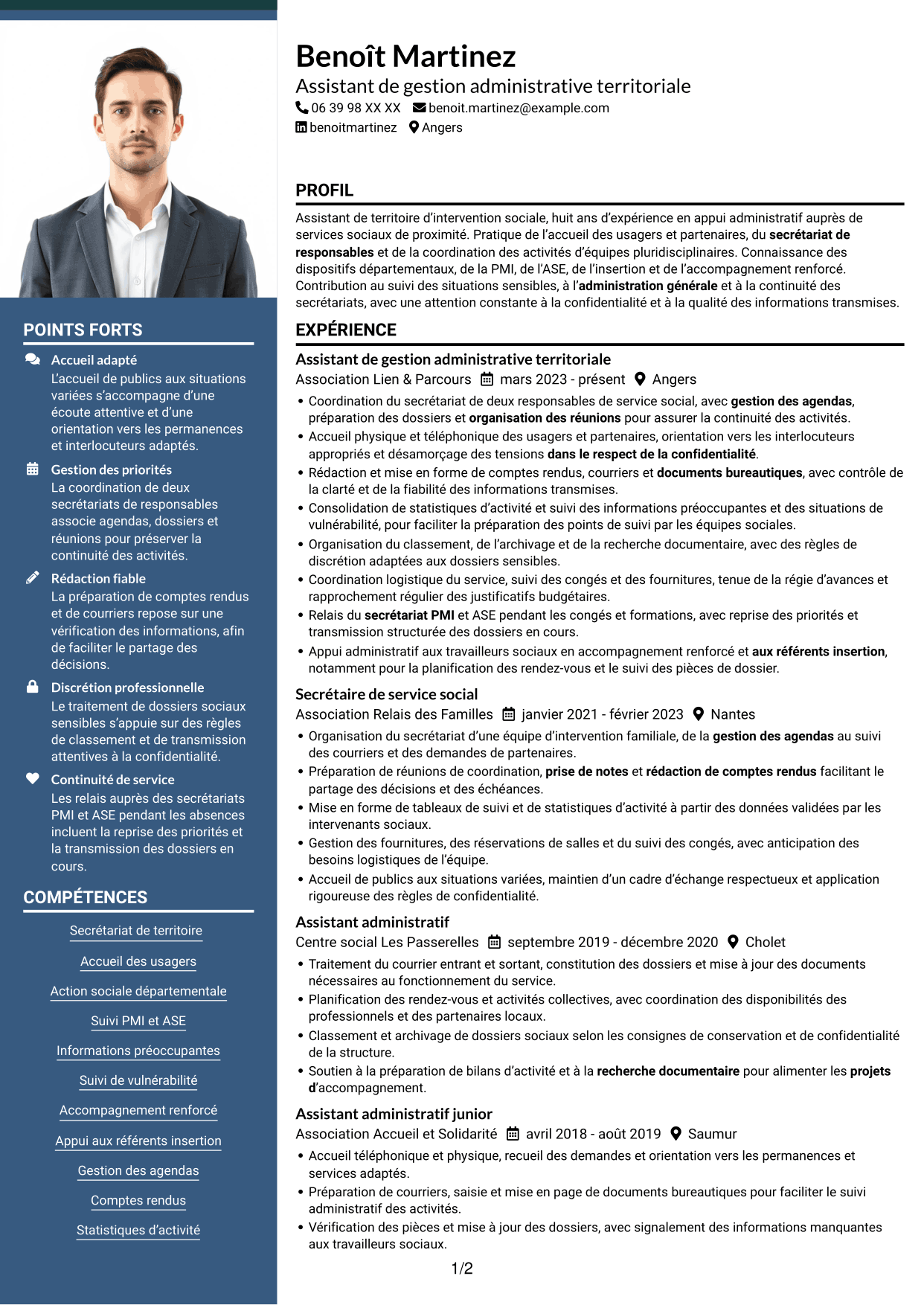 CV Signature (format à colonne latérale colorée avec grande photo) : Assistant de territoire d’intervention sociale, page 1