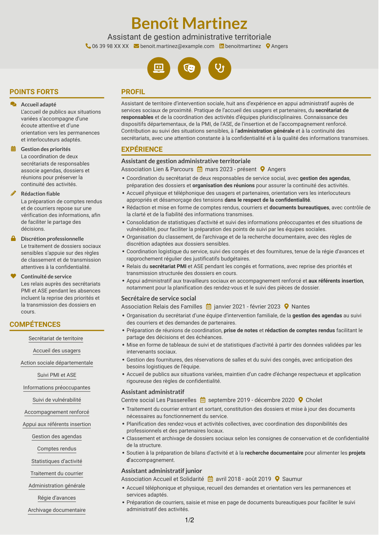 CV Dynamique (format à deux colonnes avec icônes) : Assistant de territoire d’intervention sociale, page 1