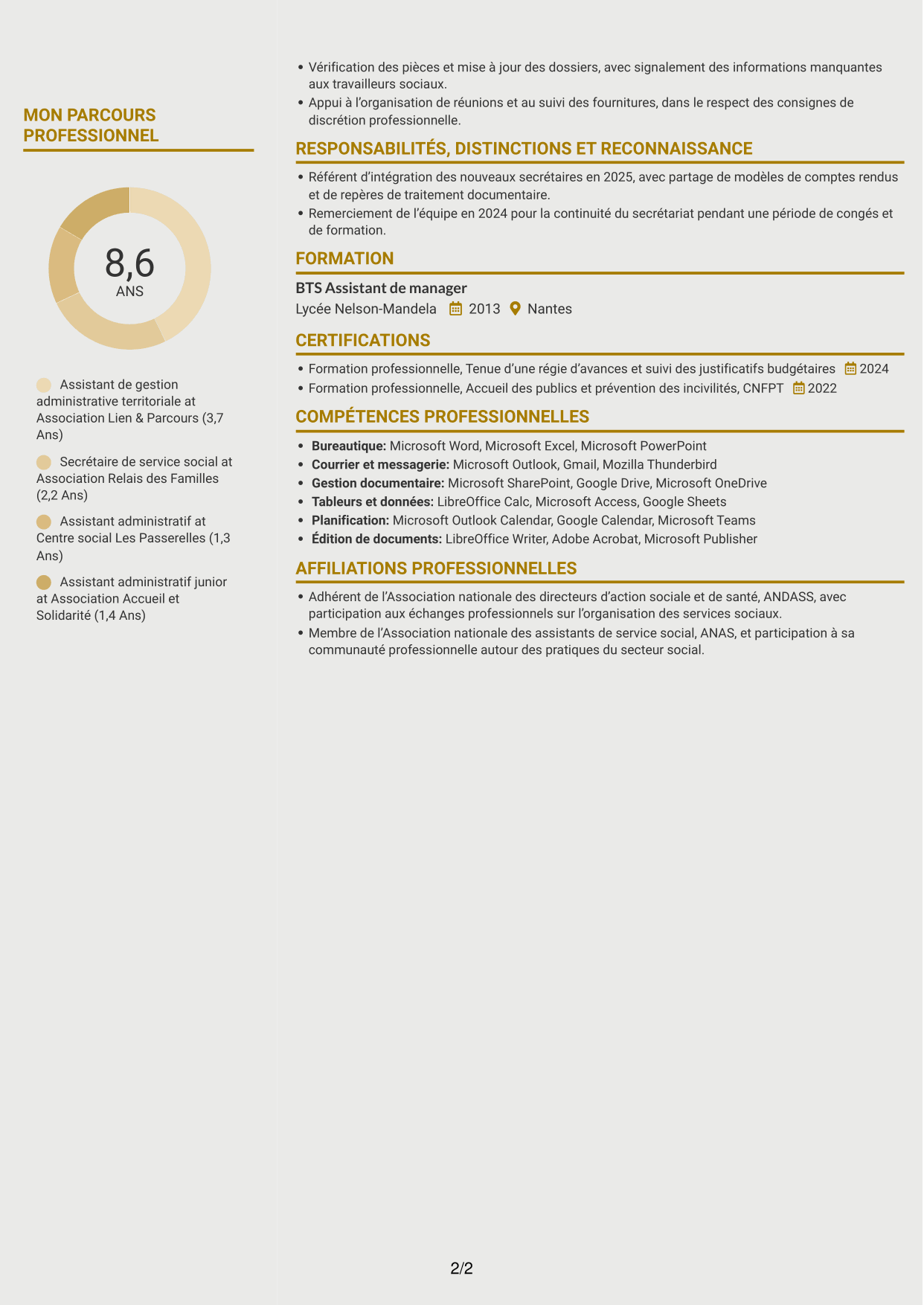 CV Dynamique (format à deux colonnes avec icônes) : Assistant de territoire d’intervention sociale, page 2