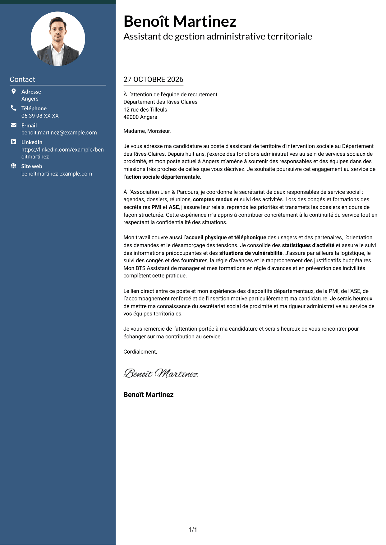 Lettre de motivation Élégant (format à colonne latérale colorée avec photo) : Assistant de territoire d’intervention sociale, page 1
