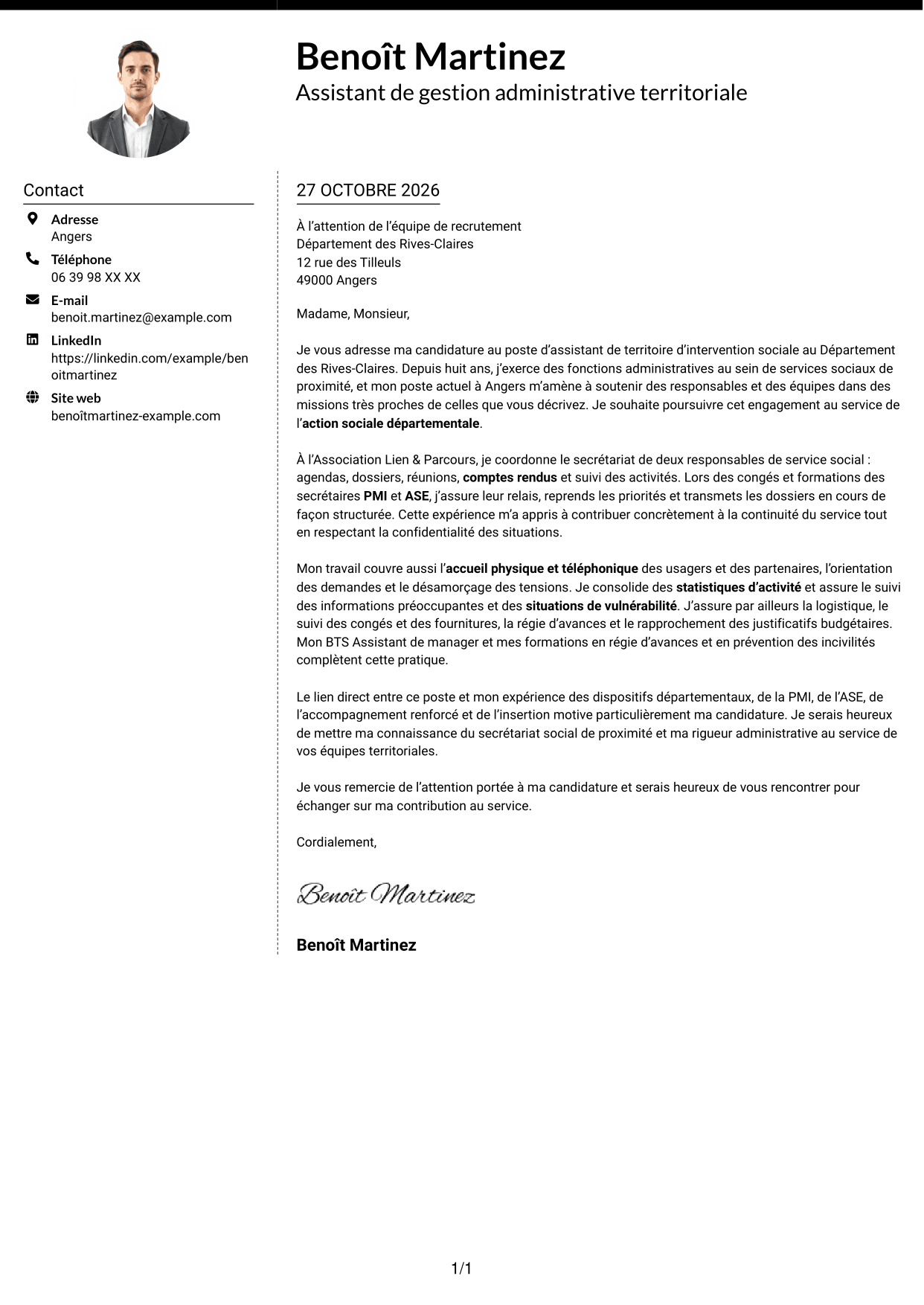 Lettre de motivation Moderne (format à deux colonnes avec photo à gauche et séparateur) : Assistant de territoire d’intervention sociale, page 1