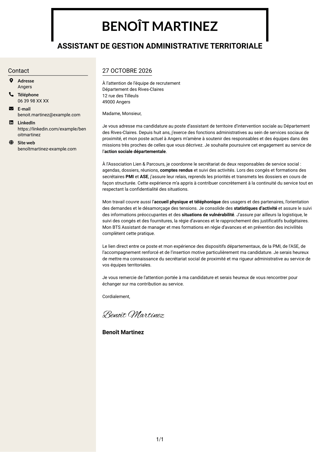 Lettre de motivation Fonceur (format à deux colonnes avec en-tête centré sans photo) : Assistant de territoire d’intervention sociale, page 1