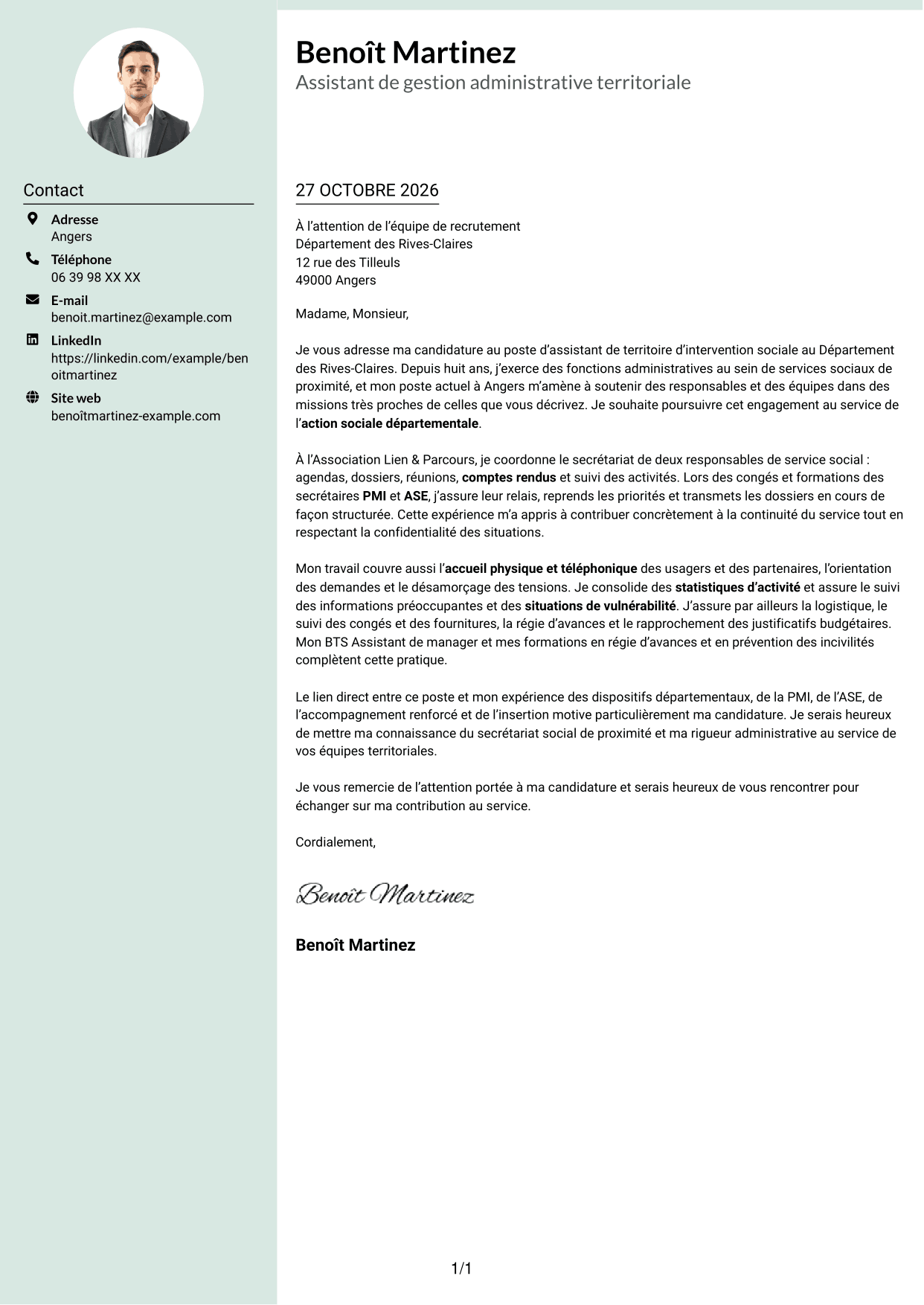 Lettre de motivation Cadre (format à colonne latérale douce avec photo arrondie) : Assistant de territoire d’intervention sociale, page 1