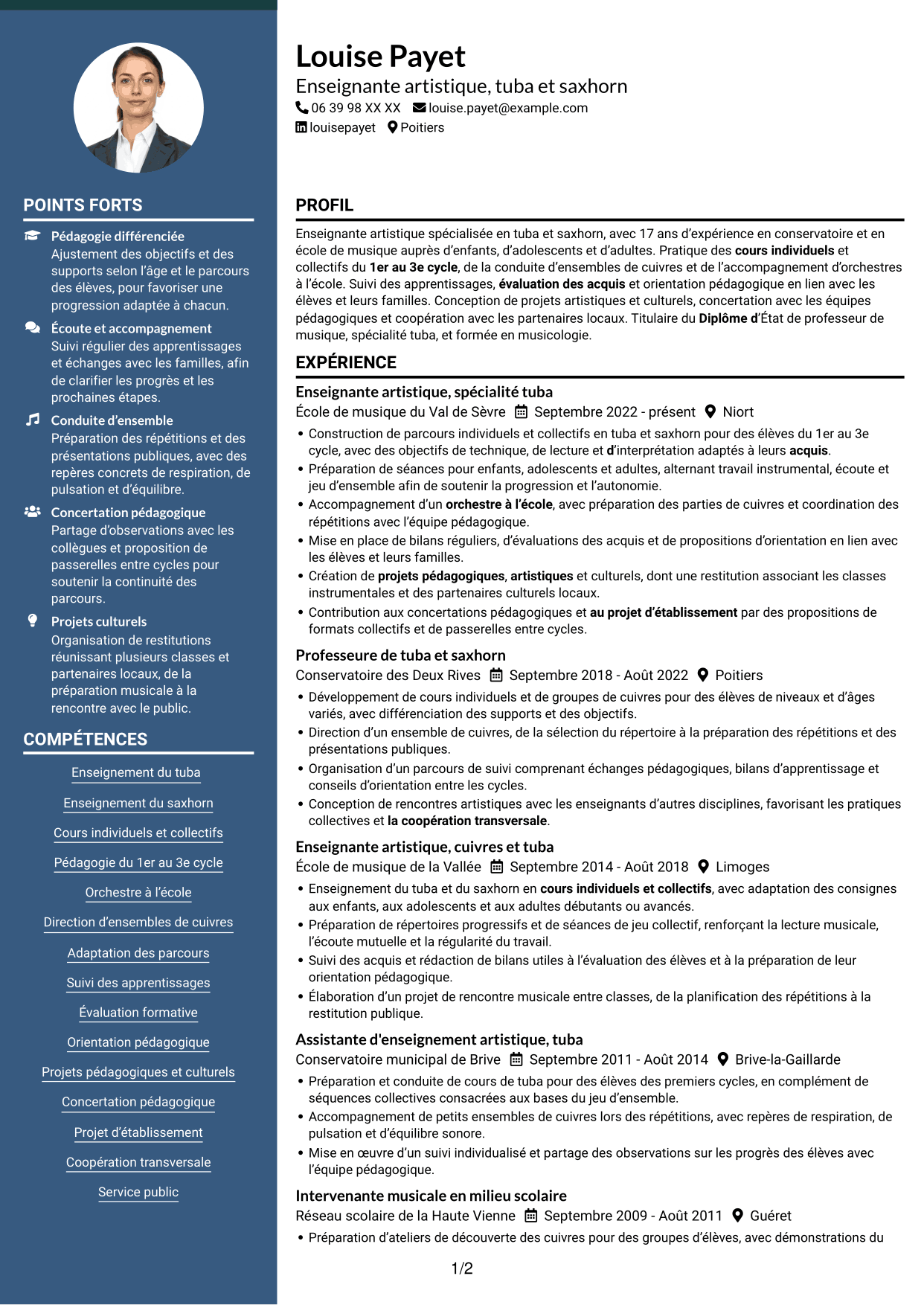 CV Élégant (format à colonne latérale colorée avec photo) : Assistant d'enseignement artistique - Tuba, page 1