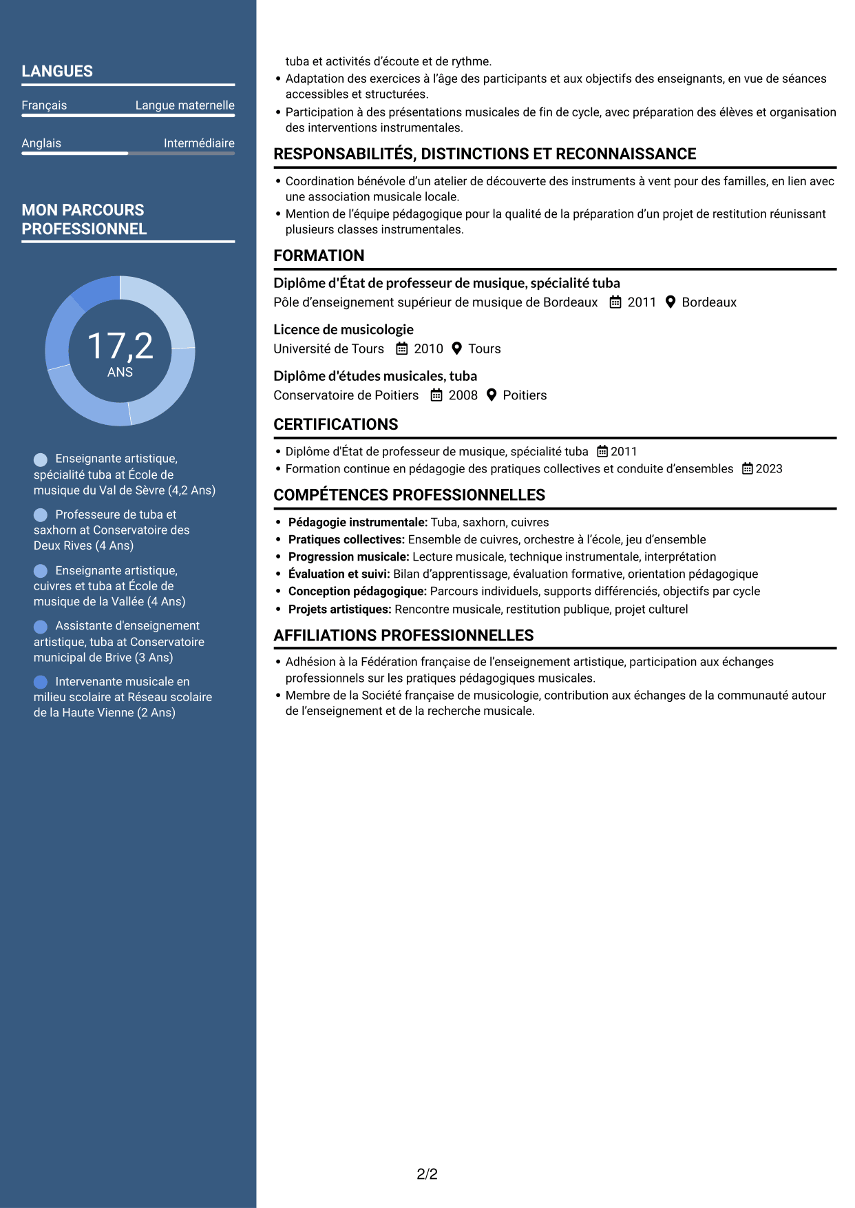 CV Élégant (format à colonne latérale colorée avec photo) : Assistant d'enseignement artistique - Tuba, page 2