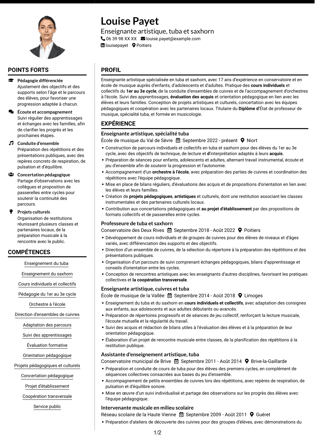 CV Moderne (format à deux colonnes avec photo à gauche et séparateur) : Assistant d'enseignement artistique - Tuba, page 1