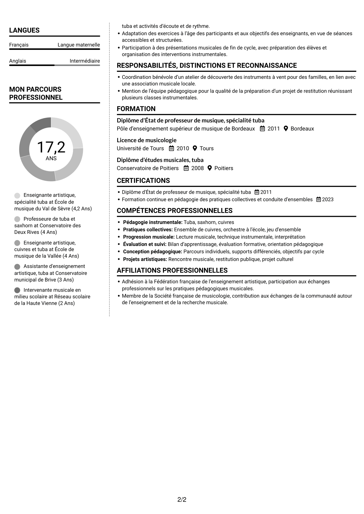 CV Moderne (format à deux colonnes avec photo à gauche et séparateur) : Assistant d'enseignement artistique - Tuba, page 2