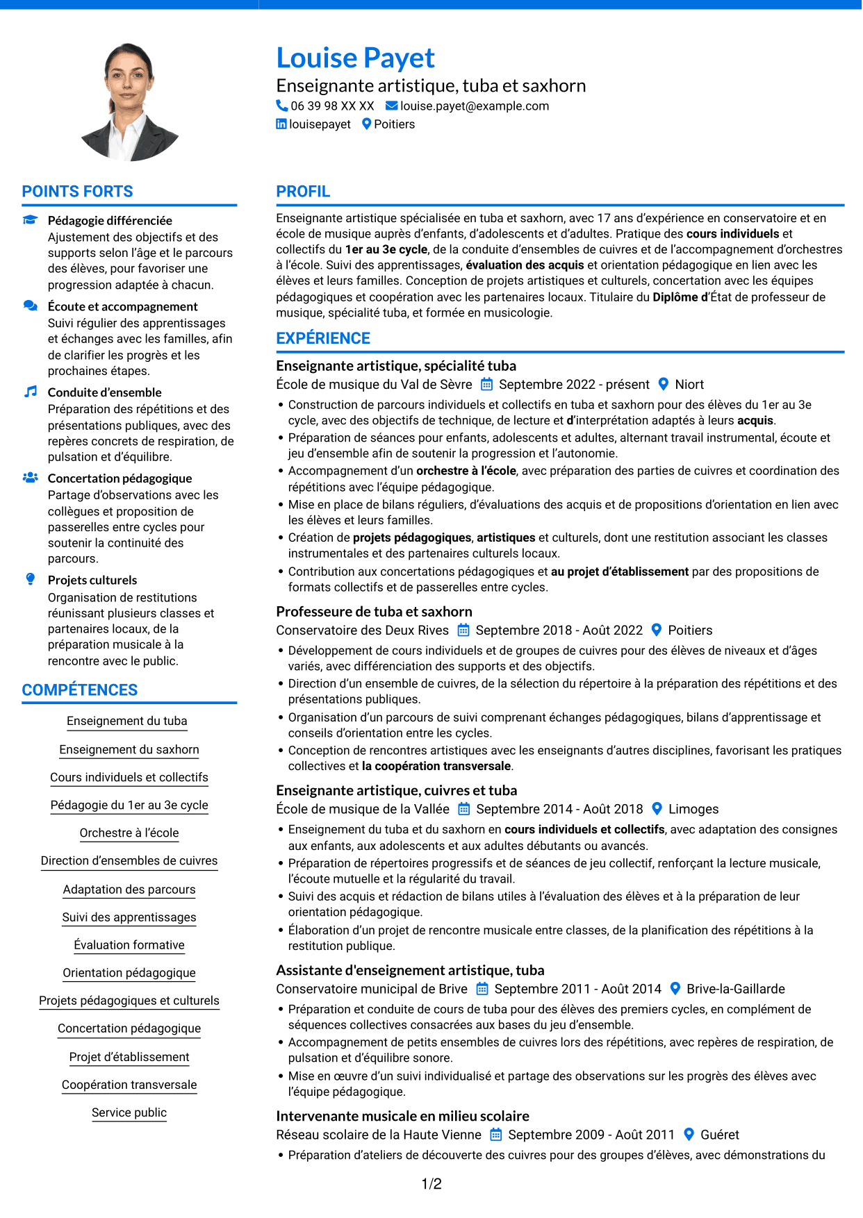CV Audacieux (format à deux colonnes avec accents colorés et photo) : Assistant d'enseignement artistique - Tuba, page 1
