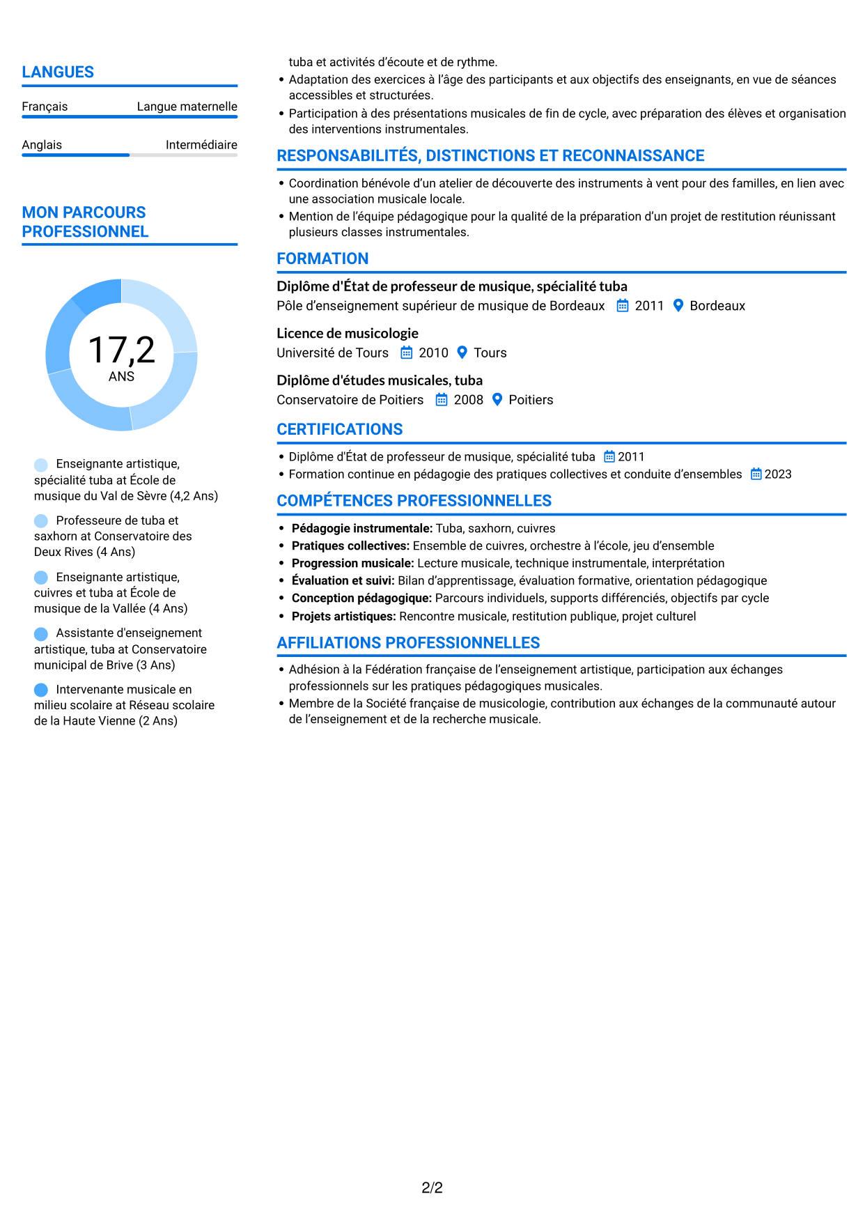CV Audacieux (format à deux colonnes avec accents colorés et photo) : Assistant d'enseignement artistique - Tuba, page 2