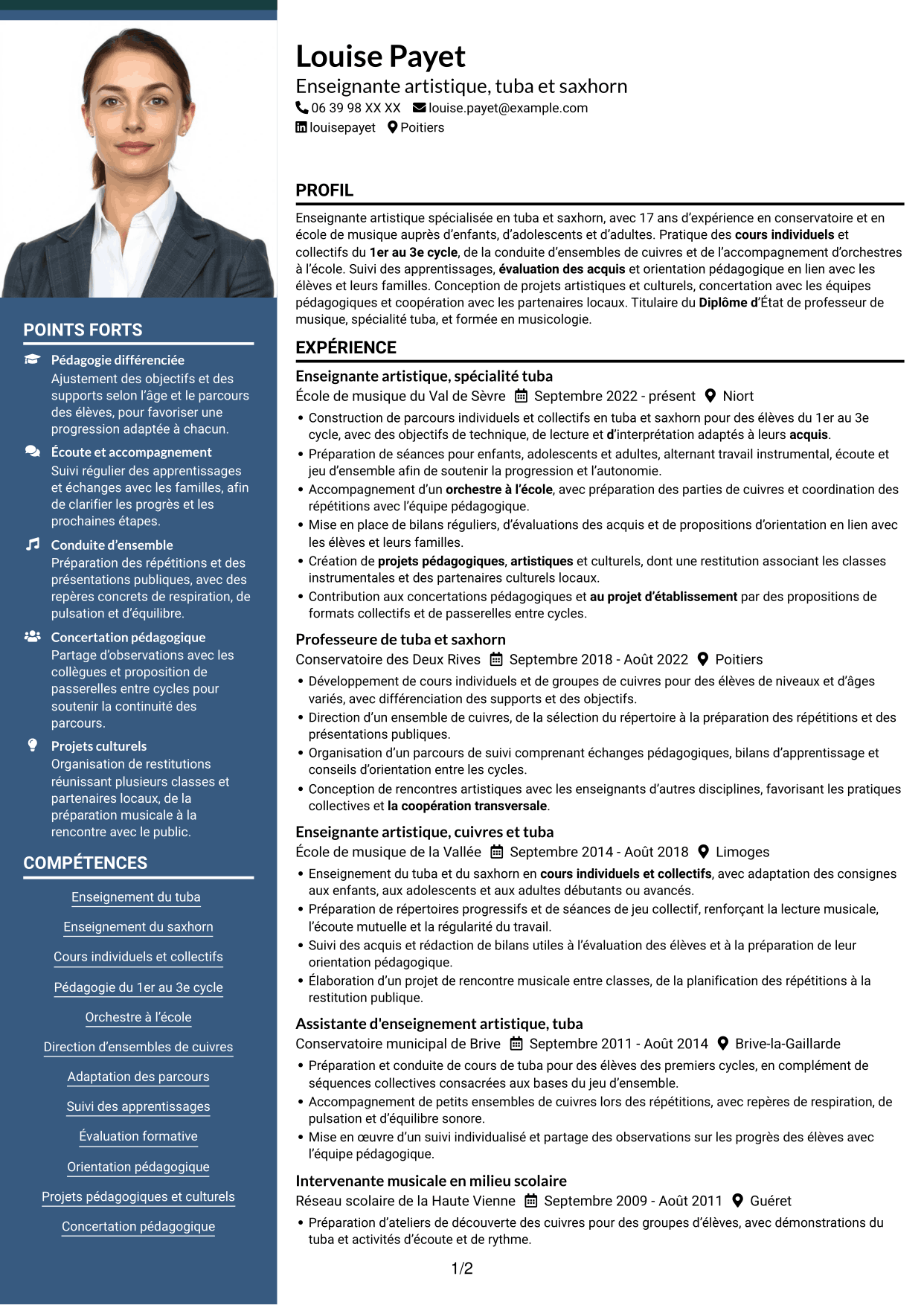 CV Signature (format à colonne latérale colorée avec grande photo) : Assistant d'enseignement artistique - Tuba, page 1