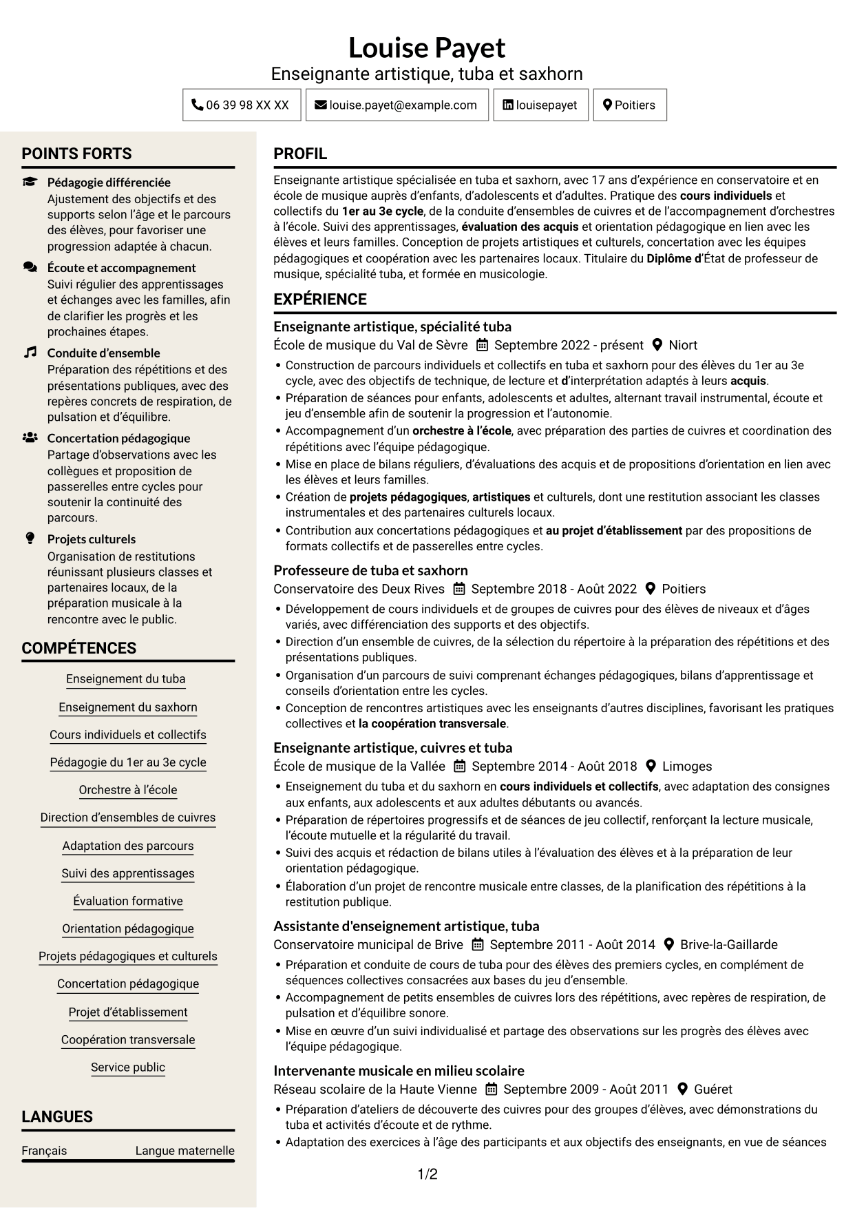 CV Fonceur (format à deux colonnes avec en-tête centré sans photo) : Assistant d'enseignement artistique - Tuba, page 1