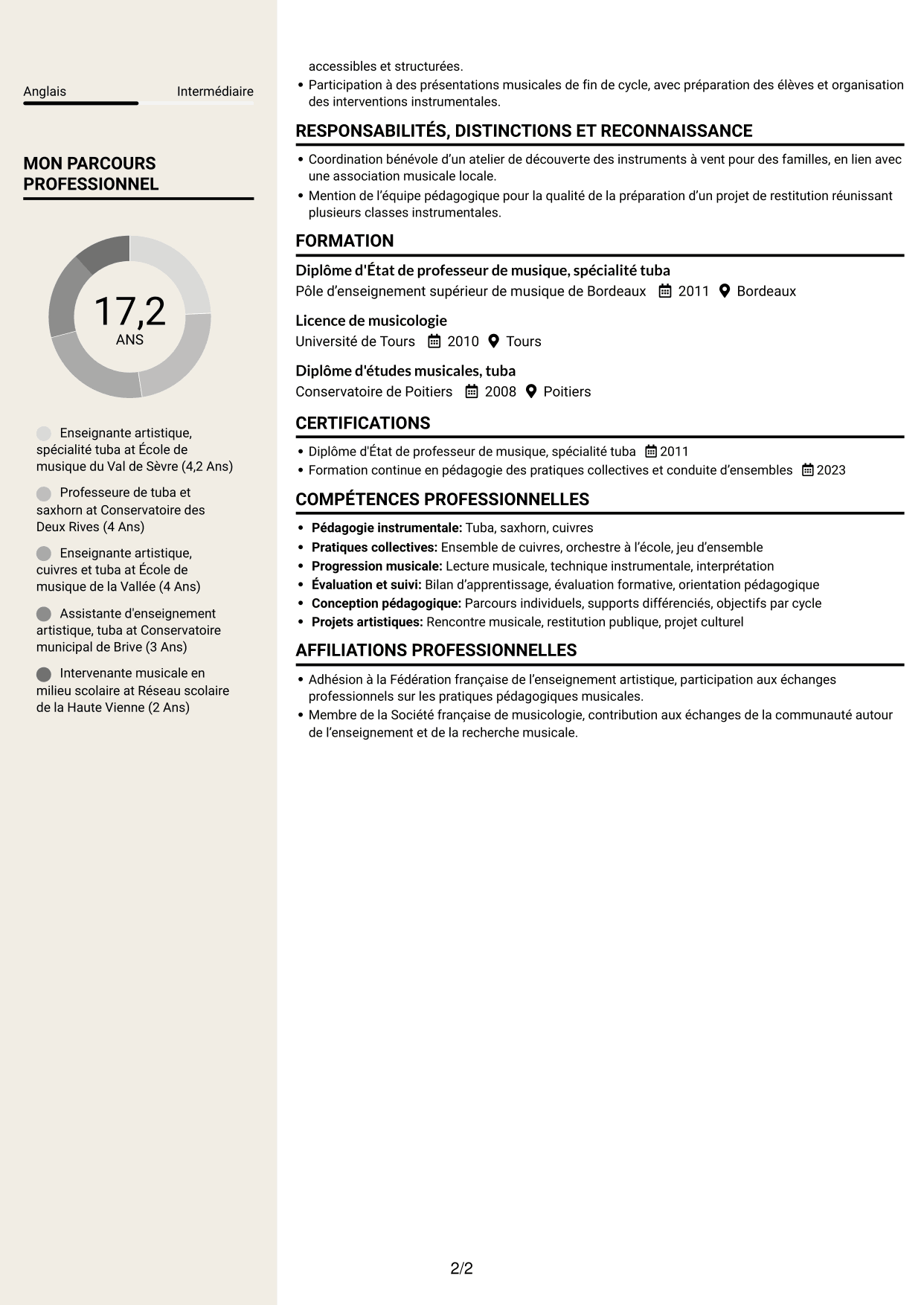 CV Fonceur (format à deux colonnes avec en-tête centré sans photo) : Assistant d'enseignement artistique - Tuba, page 2