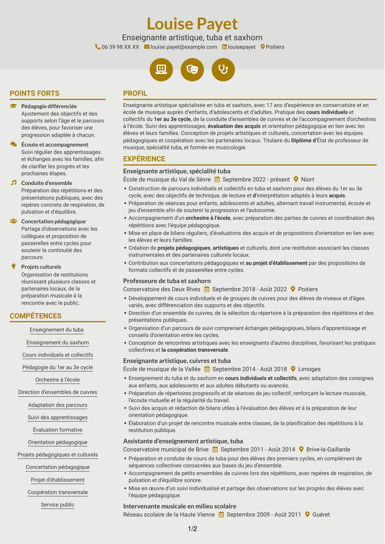 CV Dynamique (format à deux colonnes avec icônes) : Assistant d'enseignement artistique - Tuba, page 1
