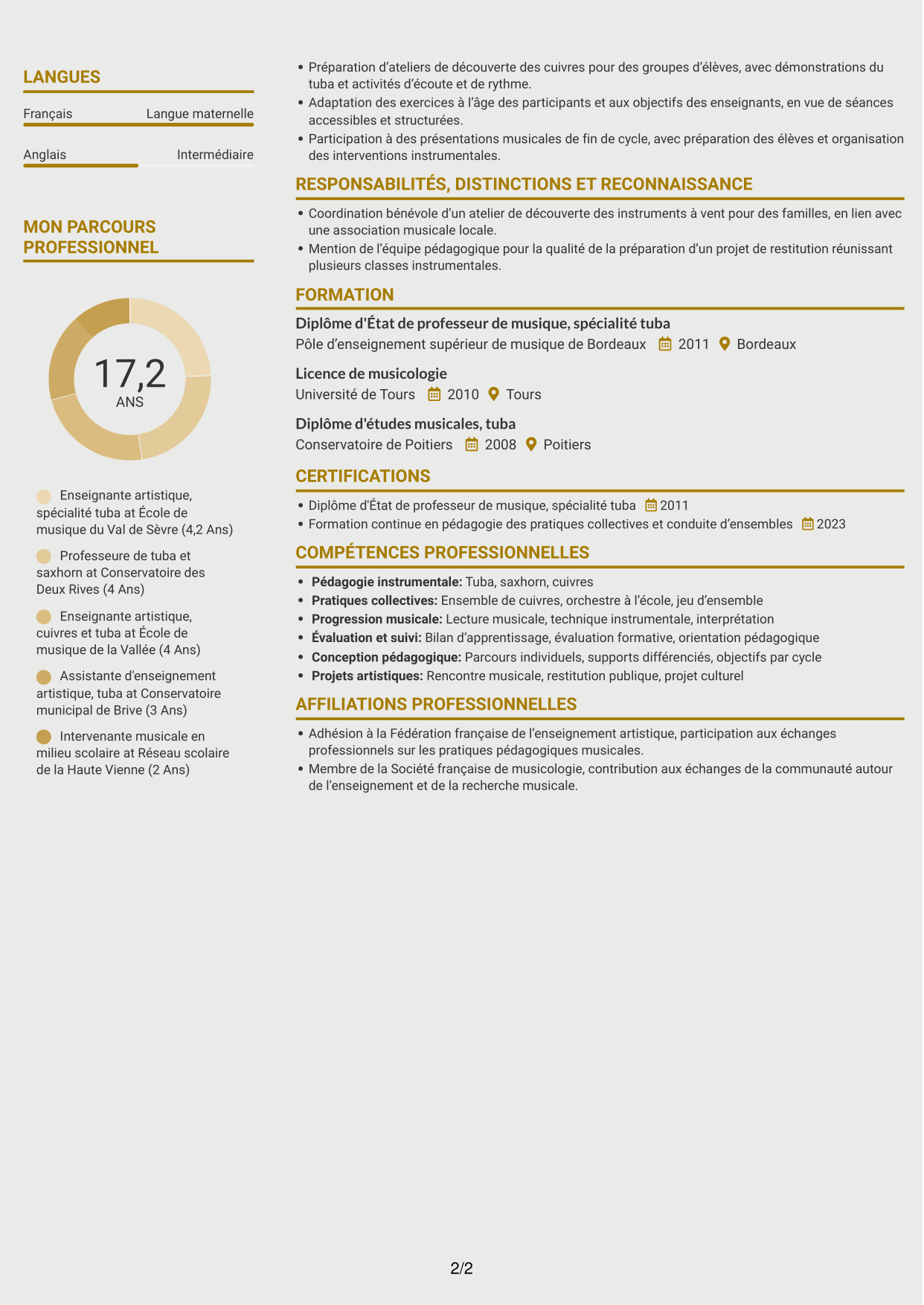 CV Dynamique (format à deux colonnes avec icônes) : Assistant d'enseignement artistique - Tuba, page 2