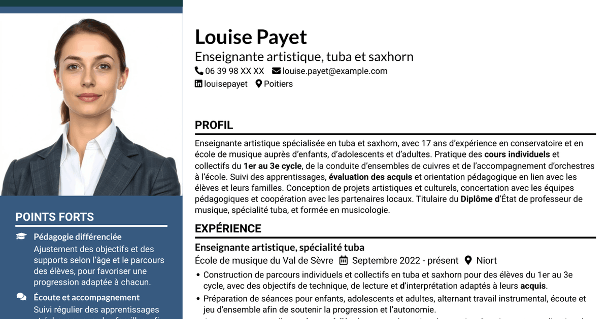 7 modèles de CV pour Assistant d'enseignement artistique - Tuba, avec exemples