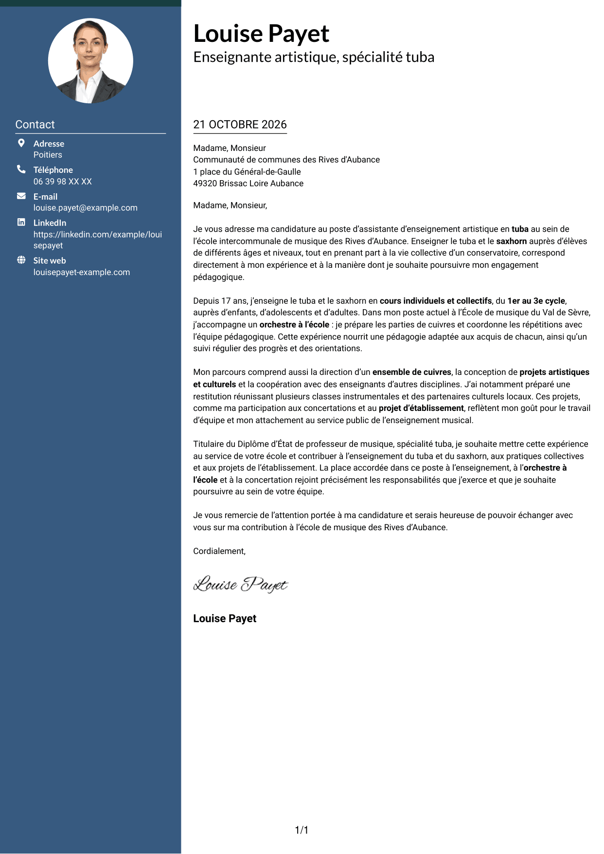 Lettre de motivation Élégant (format à colonne latérale colorée avec photo) : Assistant d'enseignement artistique - Tuba, page 1