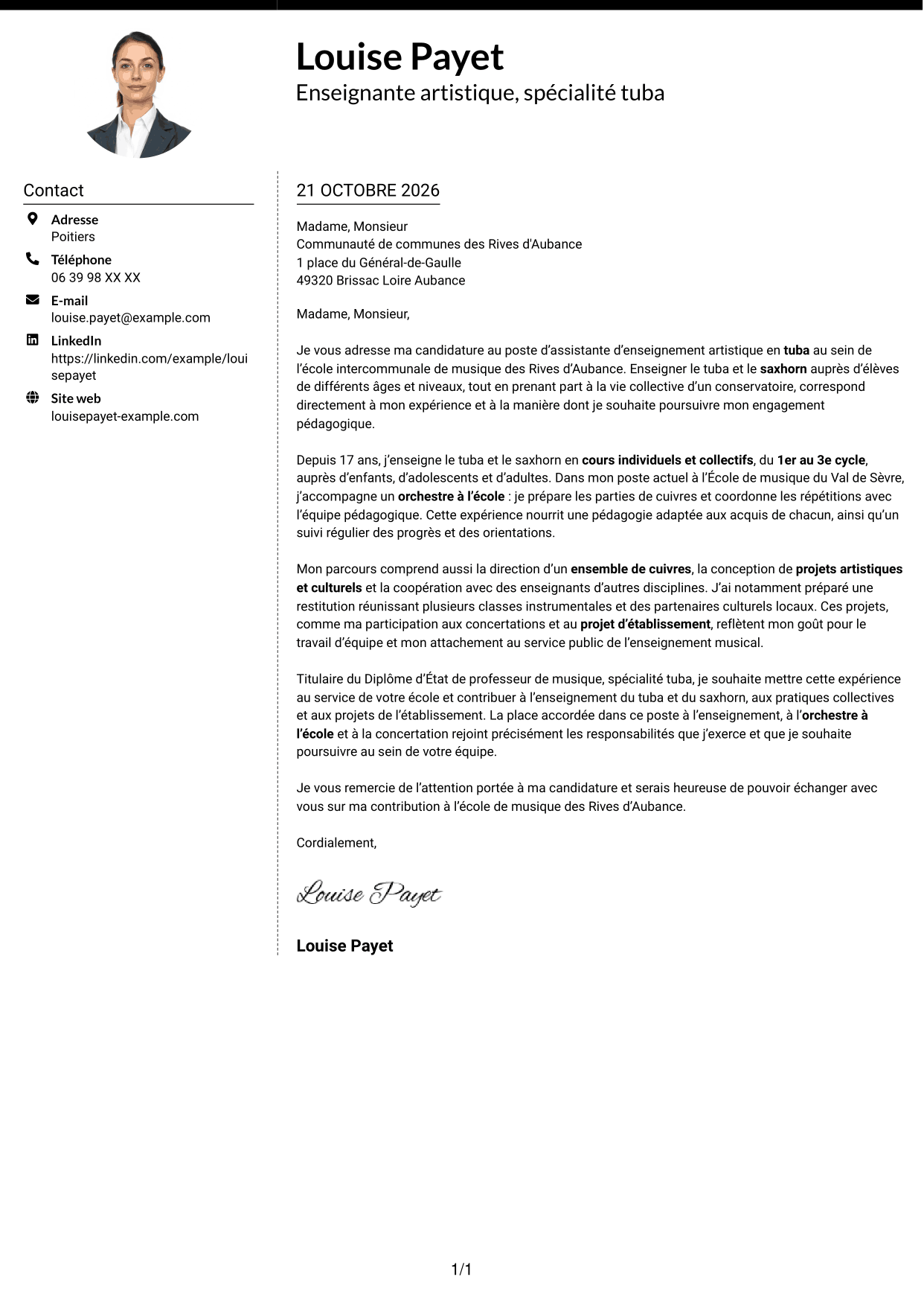 Lettre de motivation Moderne (format à deux colonnes avec photo à gauche et séparateur) : Assistant d'enseignement artistique - Tuba, page 1