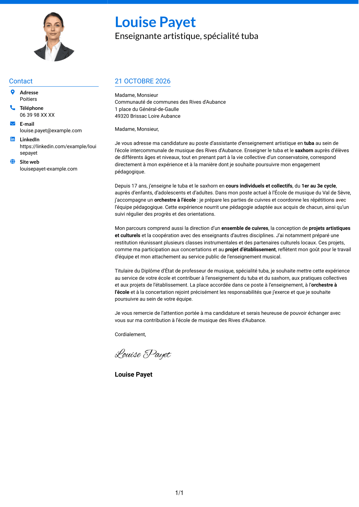 Lettre de motivation Audacieux (format à deux colonnes avec accents colorés et photo) : Assistant d'enseignement artistique - Tuba, page 1