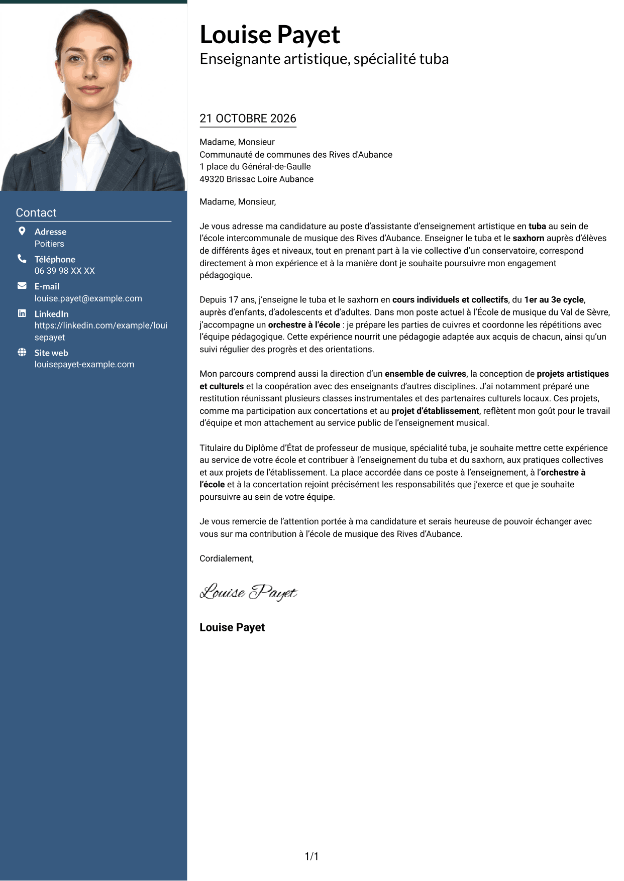 Lettre de motivation Signature (format à colonne latérale colorée avec grande photo) : Assistant d'enseignement artistique - Tuba, page 1