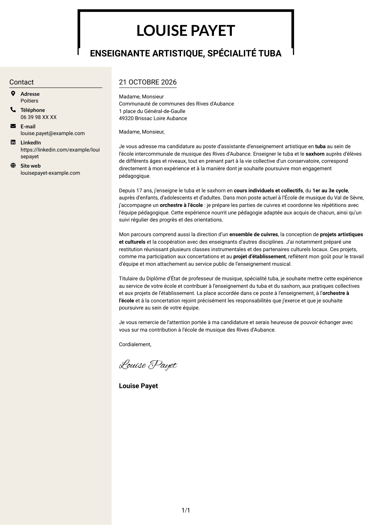 Lettre de motivation Fonceur (format à deux colonnes avec en-tête centré sans photo) : Assistant d'enseignement artistique - Tuba, page 1