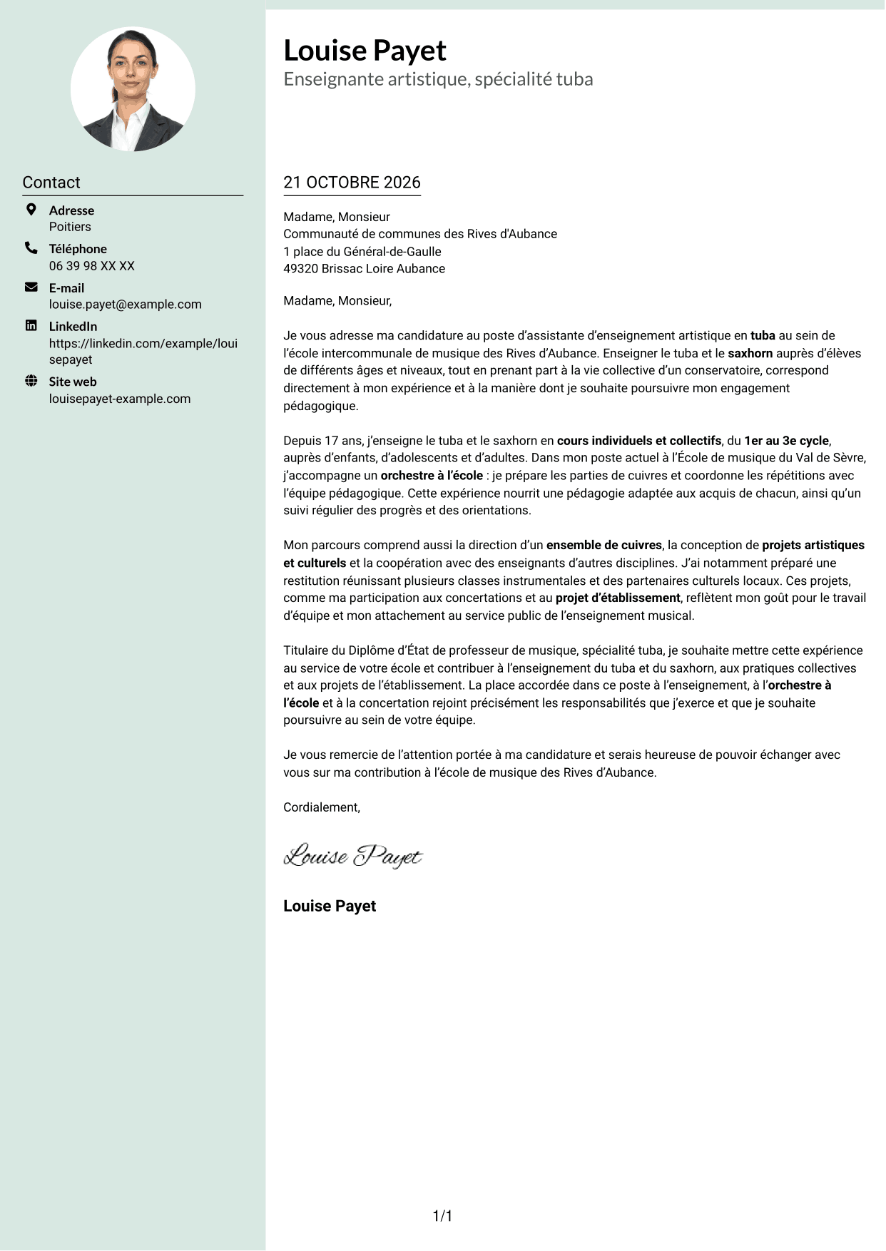 Lettre de motivation Cadre (format à colonne latérale douce avec photo arrondie) : Assistant d'enseignement artistique - Tuba, page 1