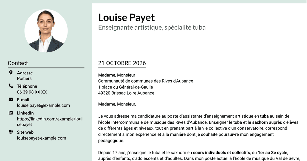 7 modèles de lettre de motivation pour Assistant d'enseignement artistique - Tuba, avec exemples