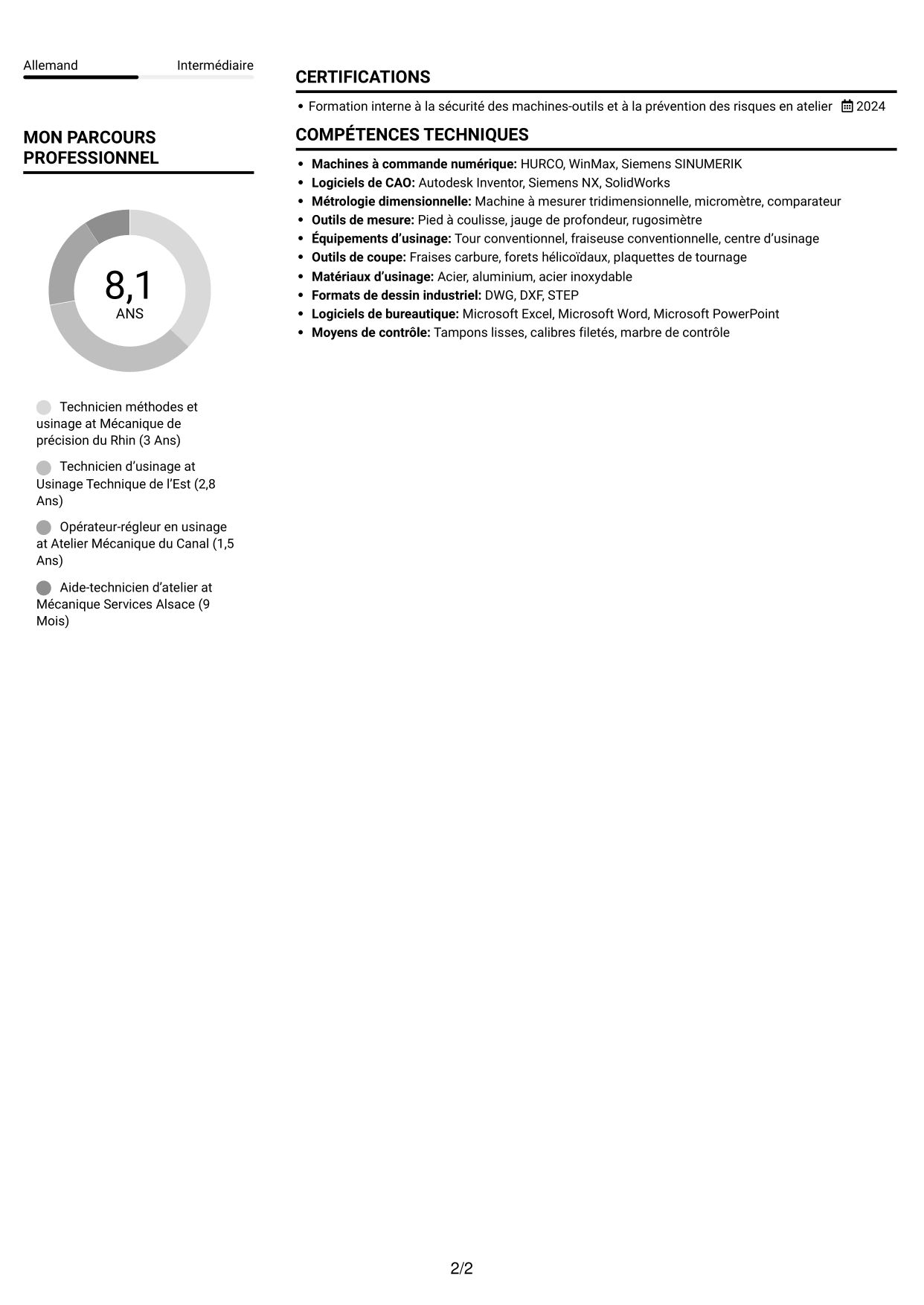 CV Compact (format sobre à deux colonnes avec photo) : Assistant ingénieur en réalisation mécanique - Usinage et instrumentation scientifique, page 2