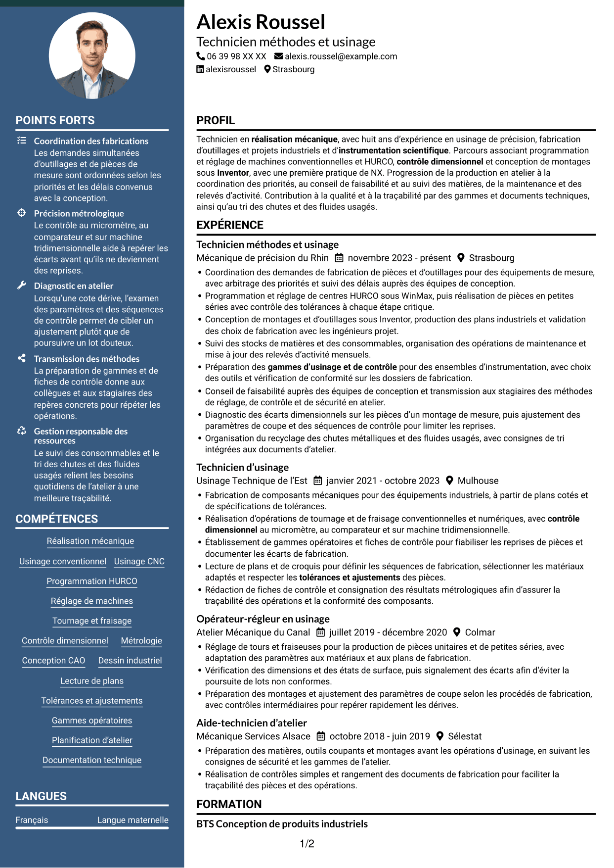 CV Élégant (format à colonne latérale colorée avec photo) : Assistant ingénieur en réalisation mécanique - Usinage et instrumentation scientifique, page 1