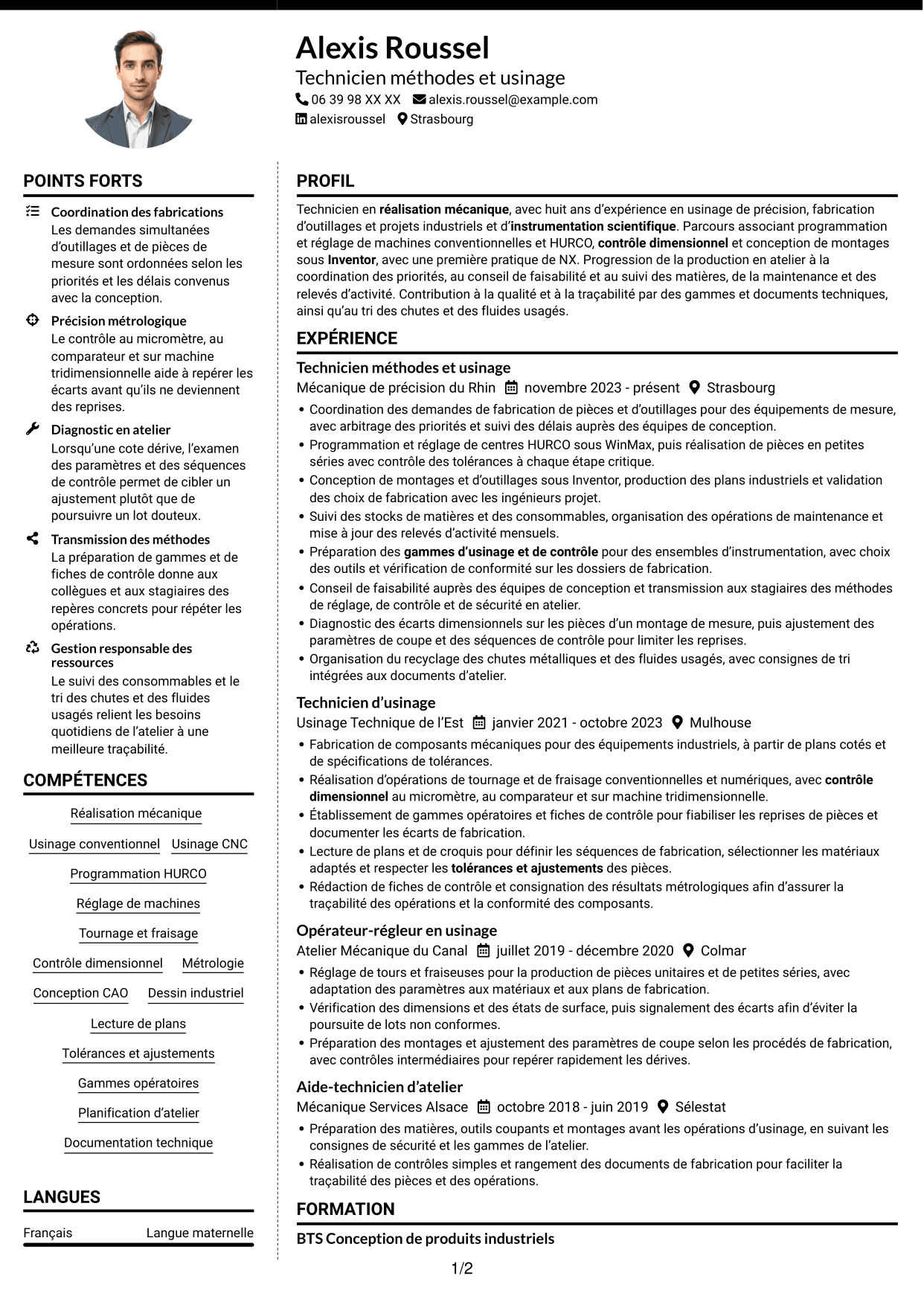 CV Moderne (format à deux colonnes avec photo à gauche et séparateur) : Assistant ingénieur en réalisation mécanique - Usinage et instrumentation scientifique, page 1