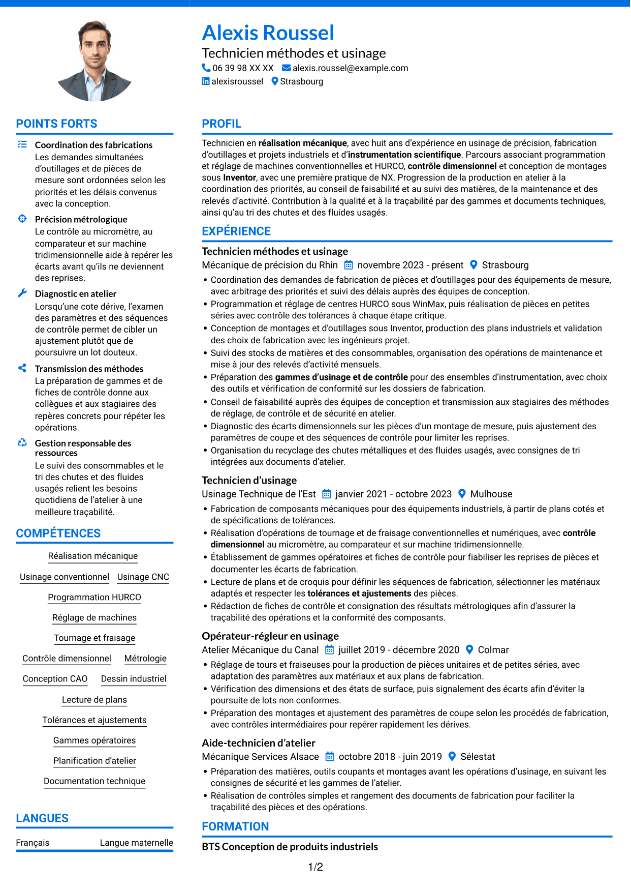 CV Audacieux (format à deux colonnes avec accents colorés et photo) : Assistant ingénieur en réalisation mécanique - Usinage et instrumentation scientifique, page 1