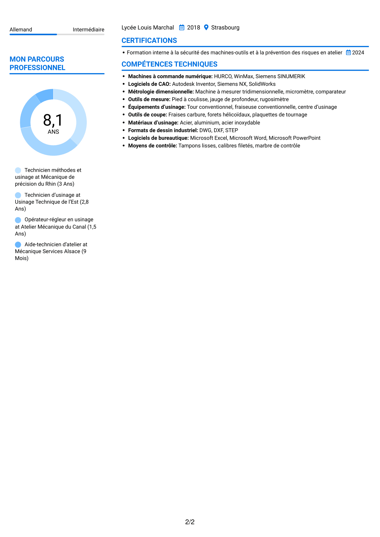 CV Audacieux (format à deux colonnes avec accents colorés et photo) : Assistant ingénieur en réalisation mécanique - Usinage et instrumentation scientifique, page 2