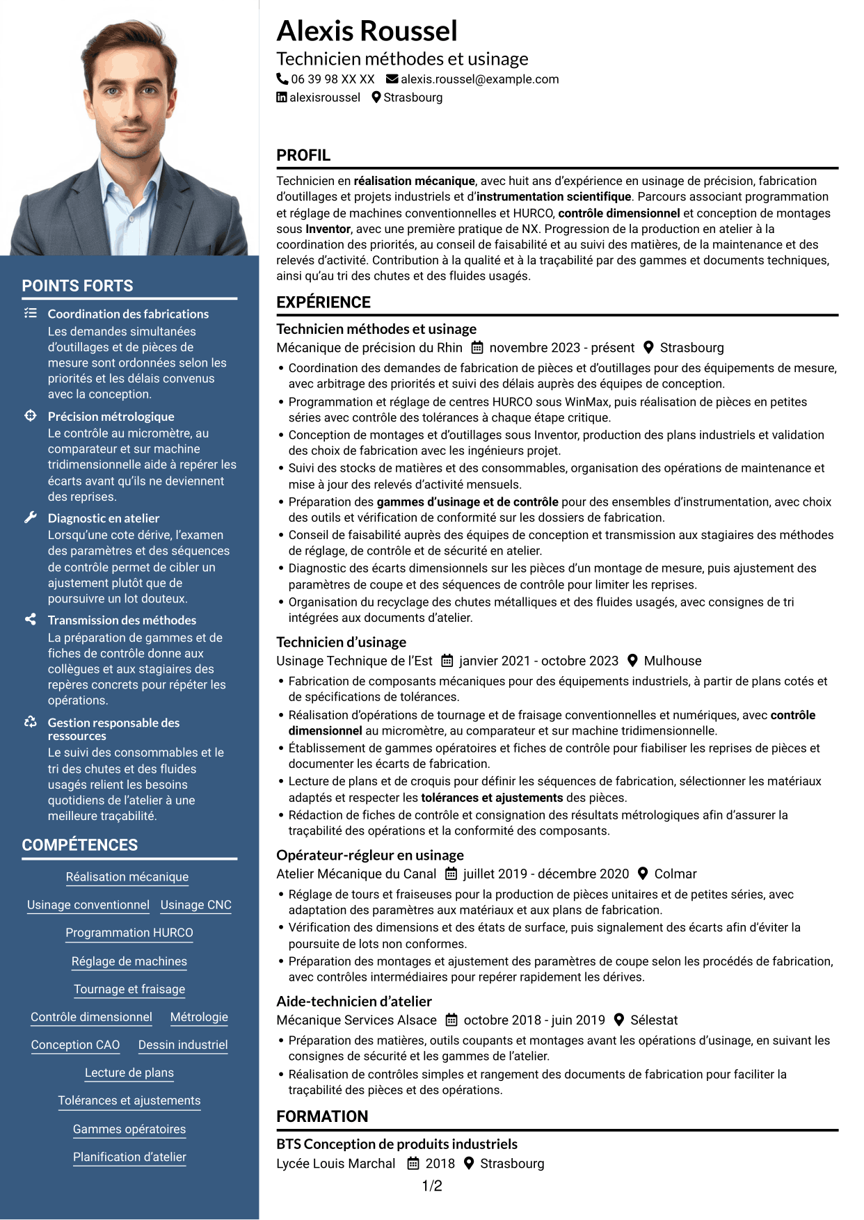 CV Signature (format à colonne latérale colorée avec grande photo) : Assistant ingénieur en réalisation mécanique - Usinage et instrumentation scientifique, page 1