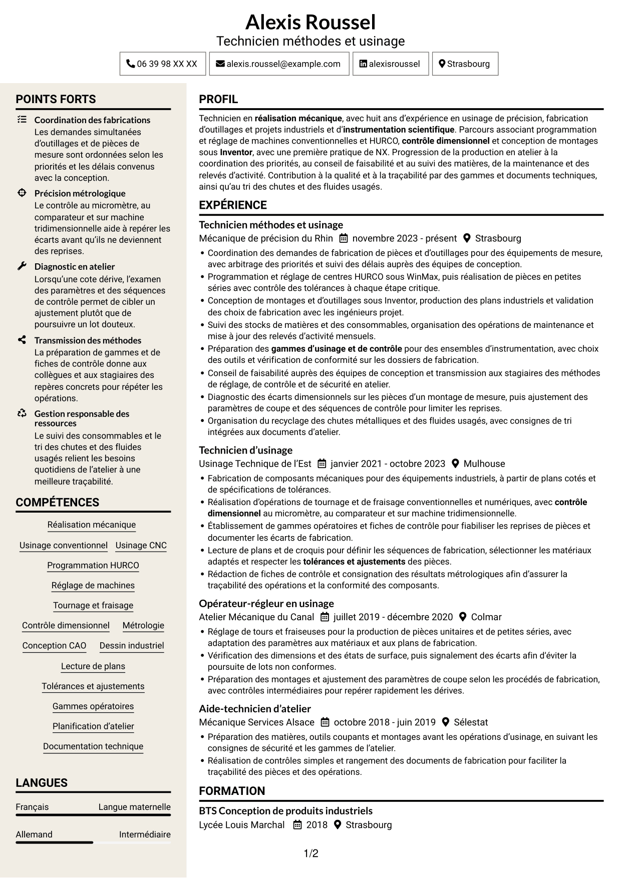 CV Fonceur (format à deux colonnes avec en-tête centré sans photo) : Assistant ingénieur en réalisation mécanique - Usinage et instrumentation scientifique, page 1